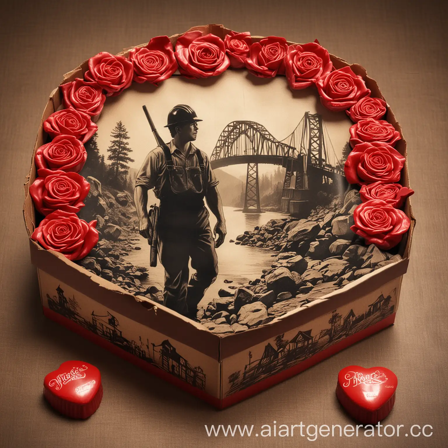 Дизайн коробки конфет для праздника День Шахтера. Изобразить в дизайне шахтеров  добавить силуэт моста и красные розы 
