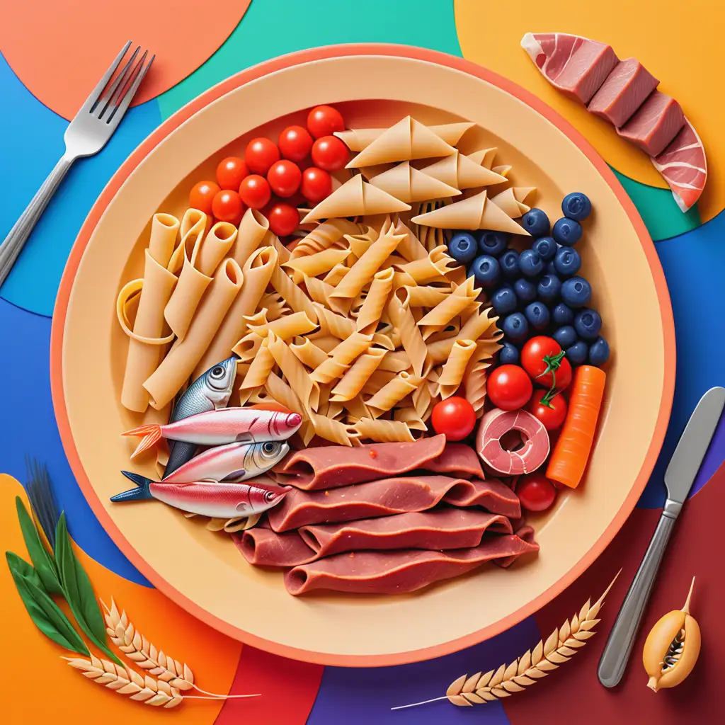 Plate of Pasta on Colorful Background with Varied Ingredients