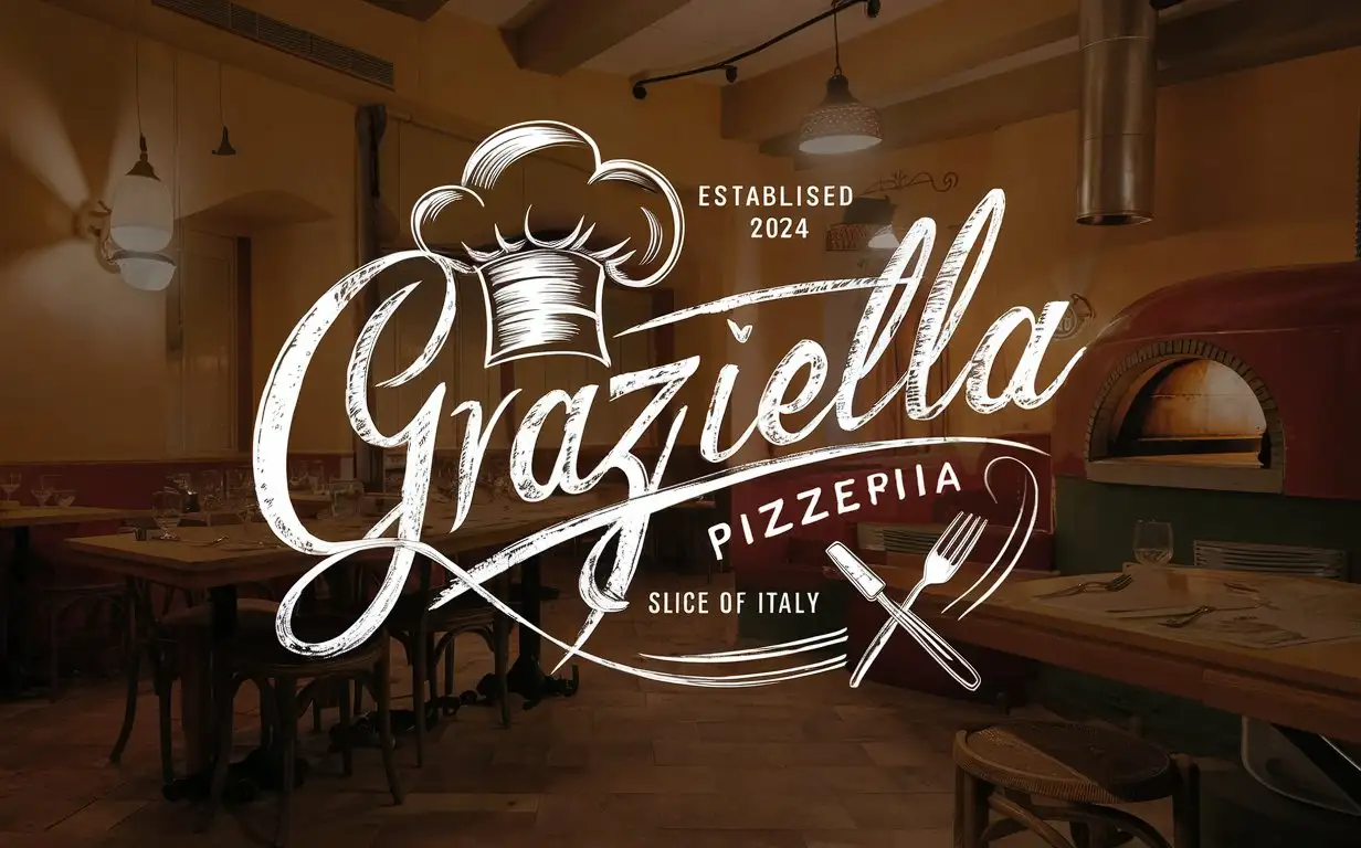 Handwriting Graziella Pizzeria logo, Italian colors ,Sketched chef's Hat, crossed fork and knife sketched, Slogan, Slice of Italy, EST 2024, Cozy restaurant atmosphere, Detailed