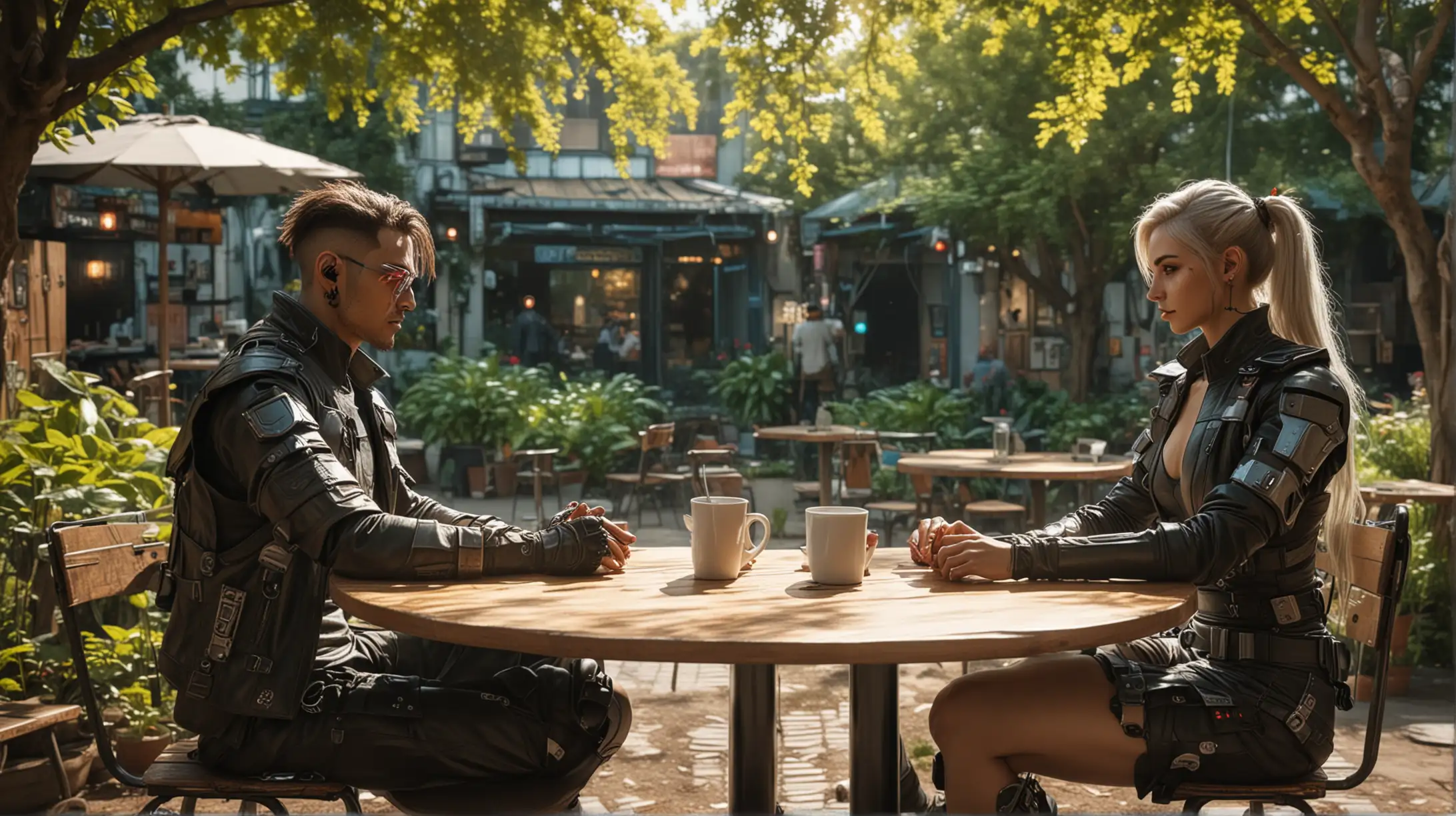 a cyberpunk man and a cyberpunk woman sit at a round table in a coffee garden, sunny