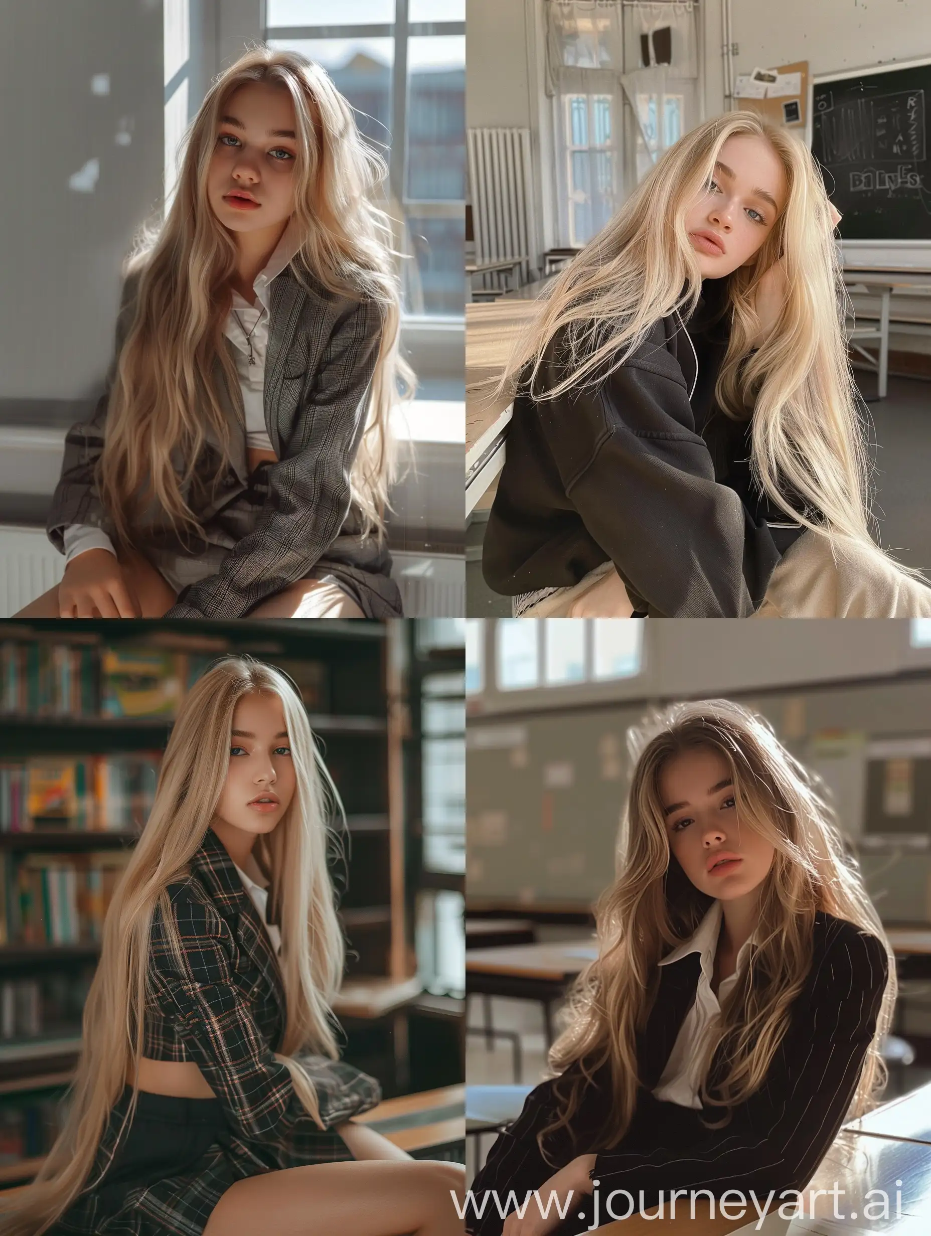 Influencer-Girl-with-Long-Blond-Hair-in-School-Uniform-and-Makeup-Sitting-in-Fitness-Mode