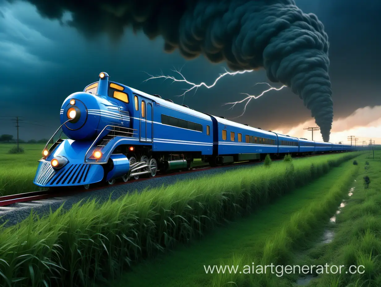 in the evening, a big blue electric train rides through the grass and in the background there is a terrible tornado and a scarecrow