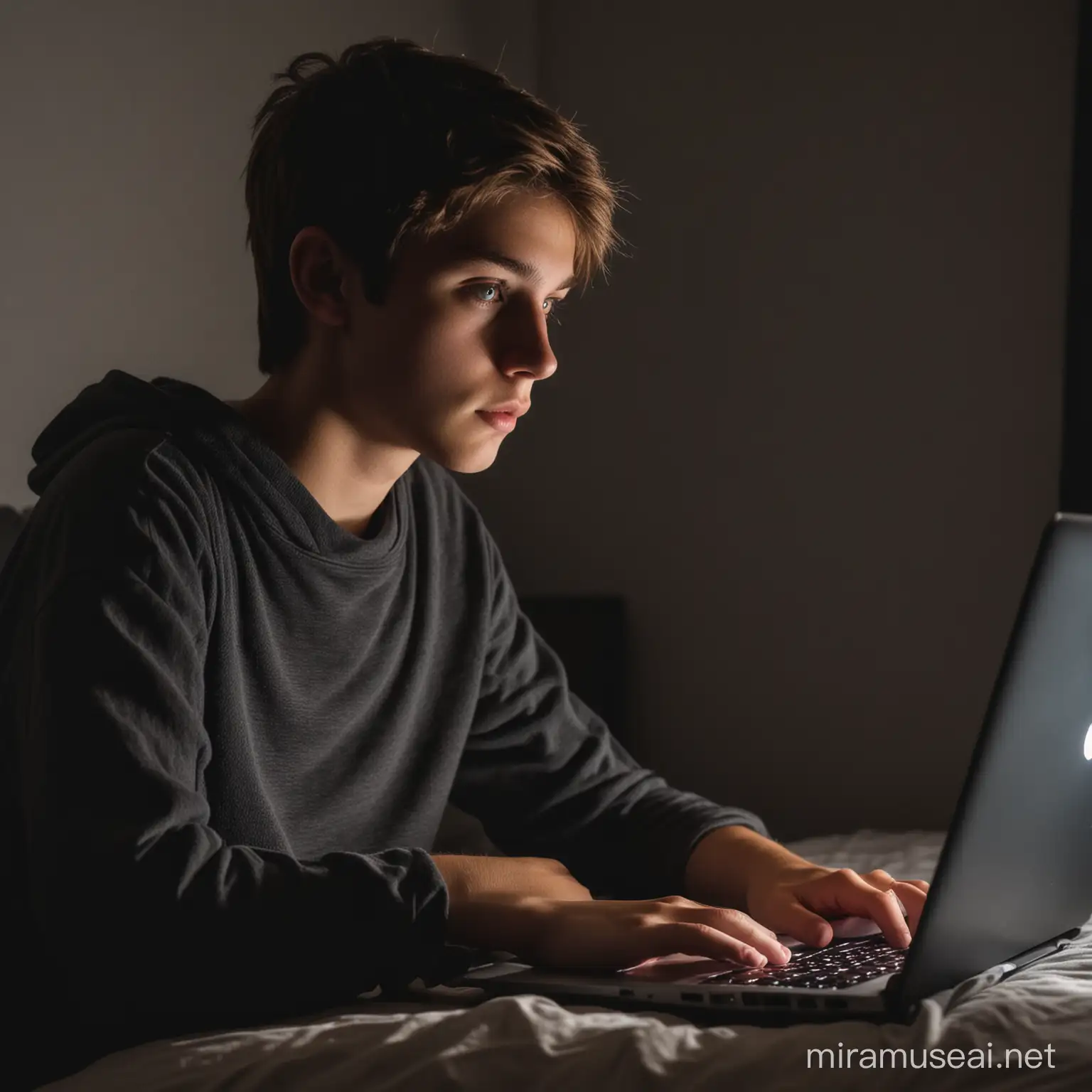 Focused Teenager Using Laptop in Dimly Lit Bedroom