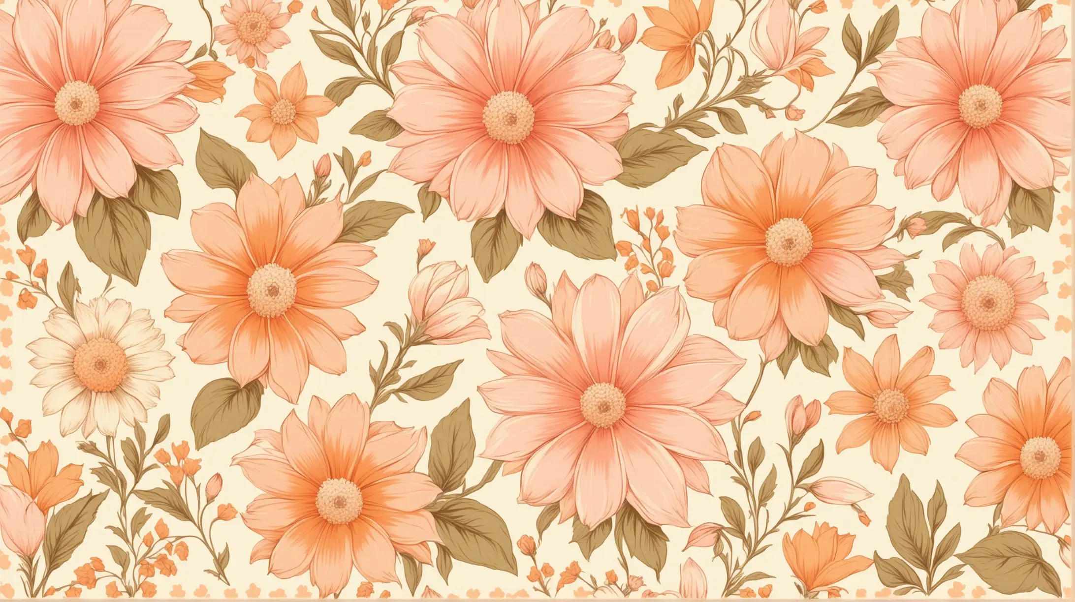Vintage Style Pattern of Light Pink and Orange Flowers on Cream Background
