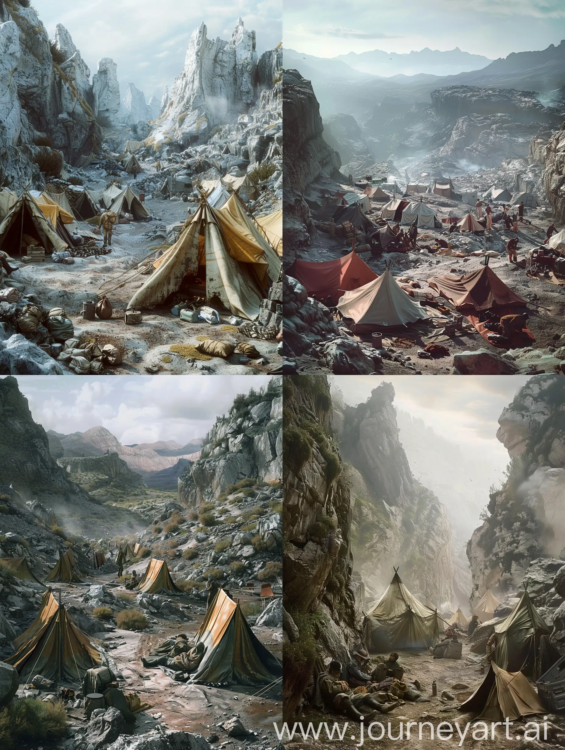 Picture a makeshift campsite amidst the rugged landscape, with tents clustered together and weary workers resting after a hard day's labor. ultradetailed. Photorealistic.--ar 9:16