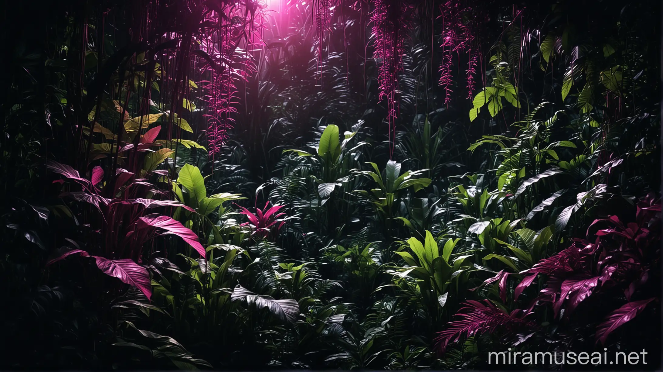 grüne jungle pflanzen in einer dunklen umgebung, magentafarbendes licht schein von hinten durch die junglepflanzen hindurch