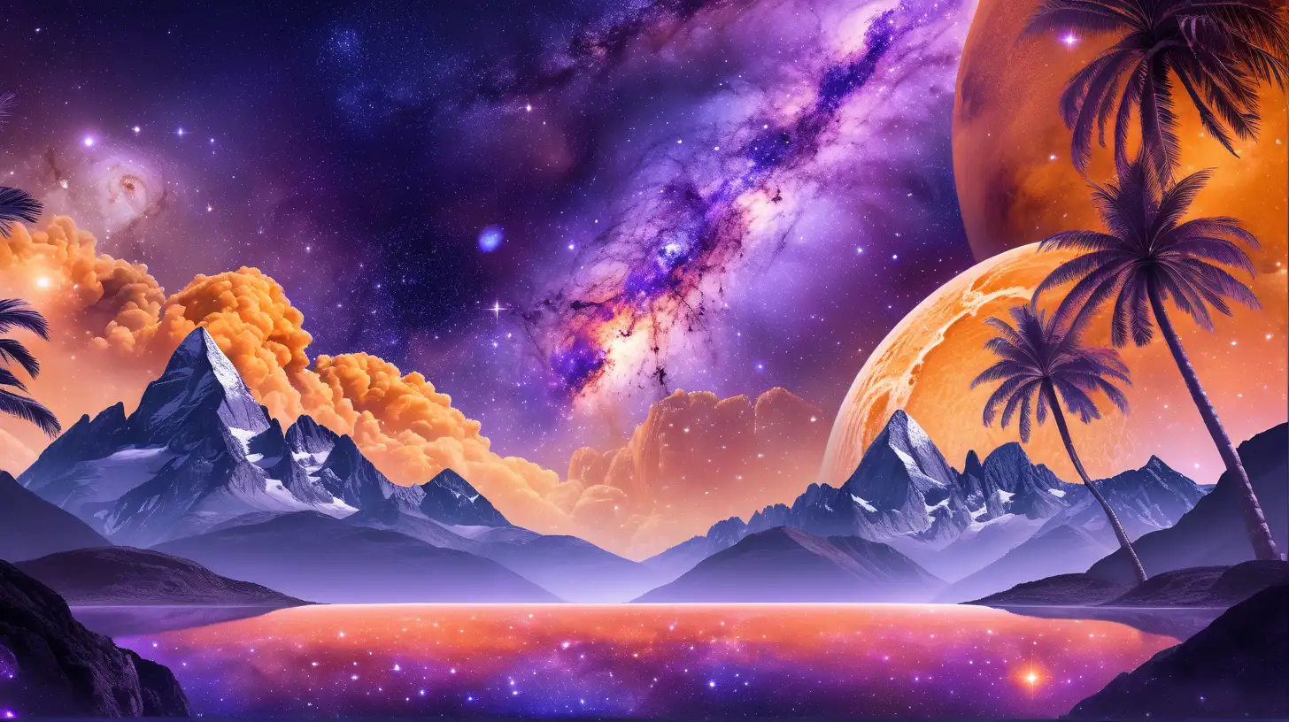 Orange Ocean with palm leaves on top and a purple galaxy background and mountains