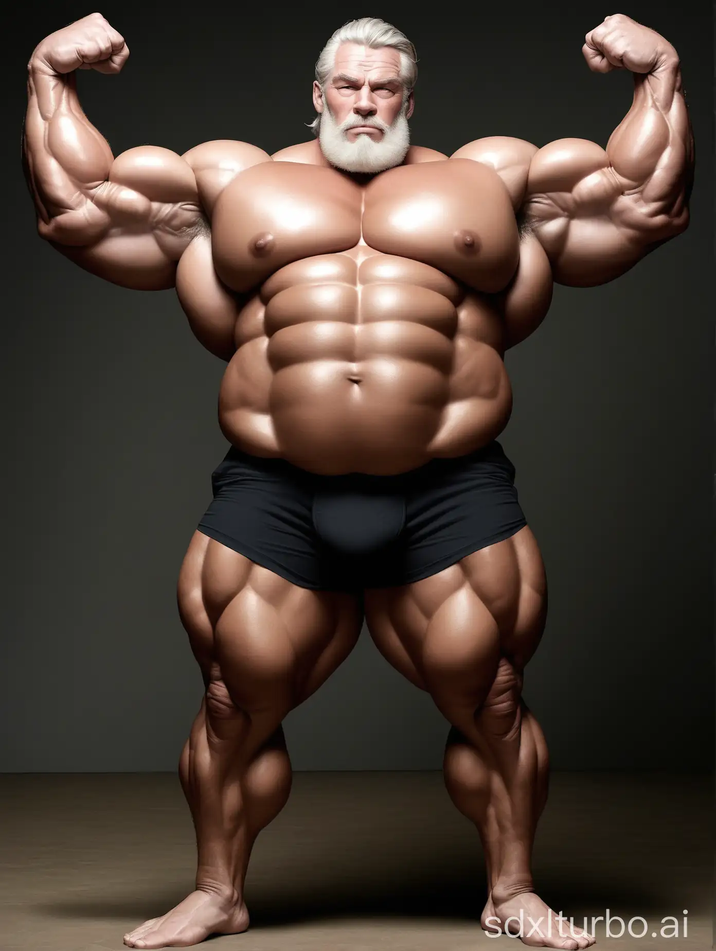 White skin and massive muscle stud, Huge and giant and Strong body, Very strong legs, 2m tall, very Big Chest, very Big biceps, very 8-pack abs, Very Massive muscle Body, Wearing underwear, he is very tall, very fat, Full Body, very long strong legs, raise his arms to show his huge biceps, very old man, very handsome men, long hair,