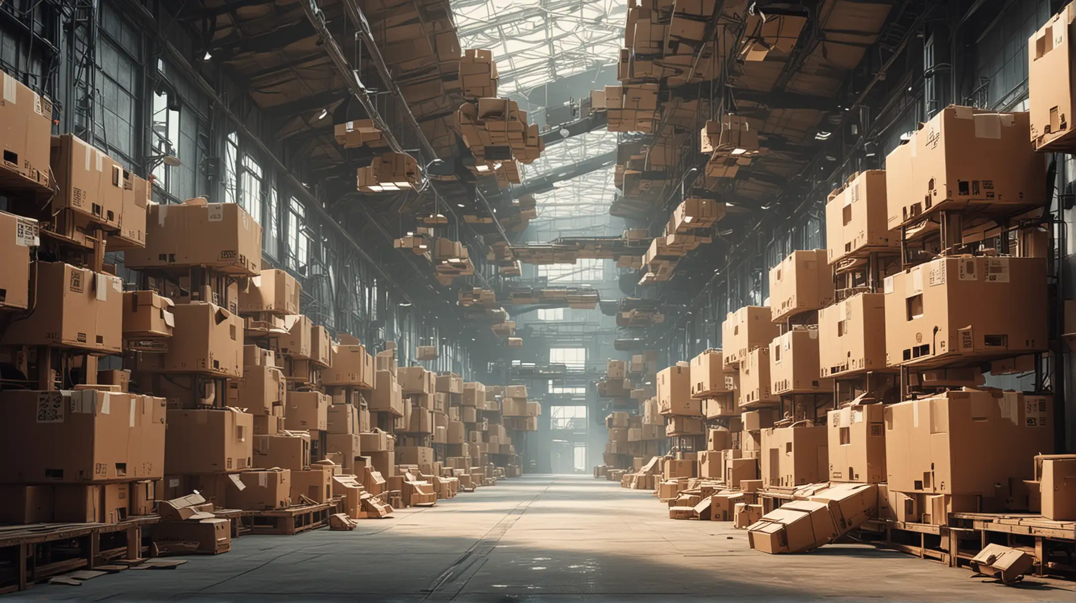 Futuristic Factory with Floating Cardboard Boxes