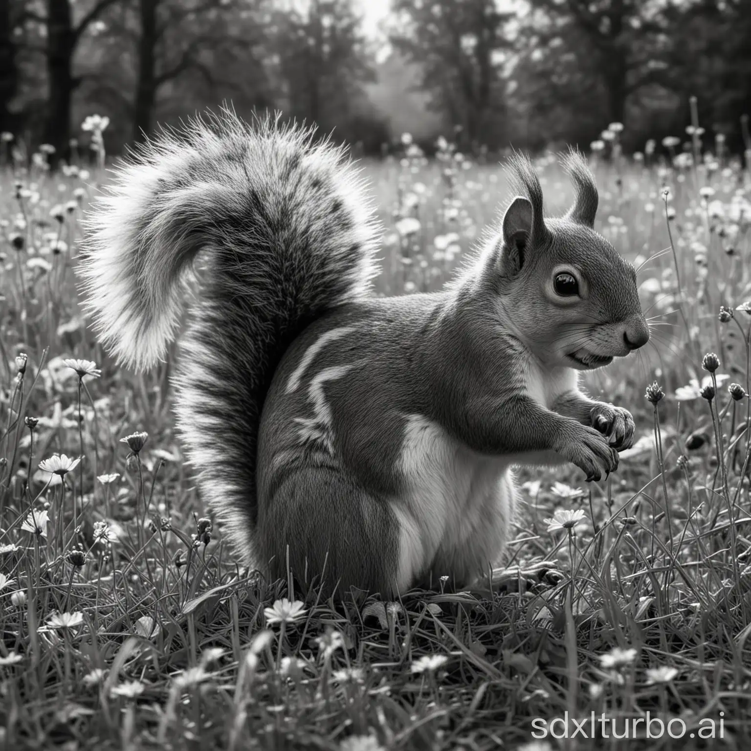 erstelle ein realistisches Schwarz-Weiss-Bild eines Eichhörnchens auf einer Wiese, abseits von spielenden Kindern
