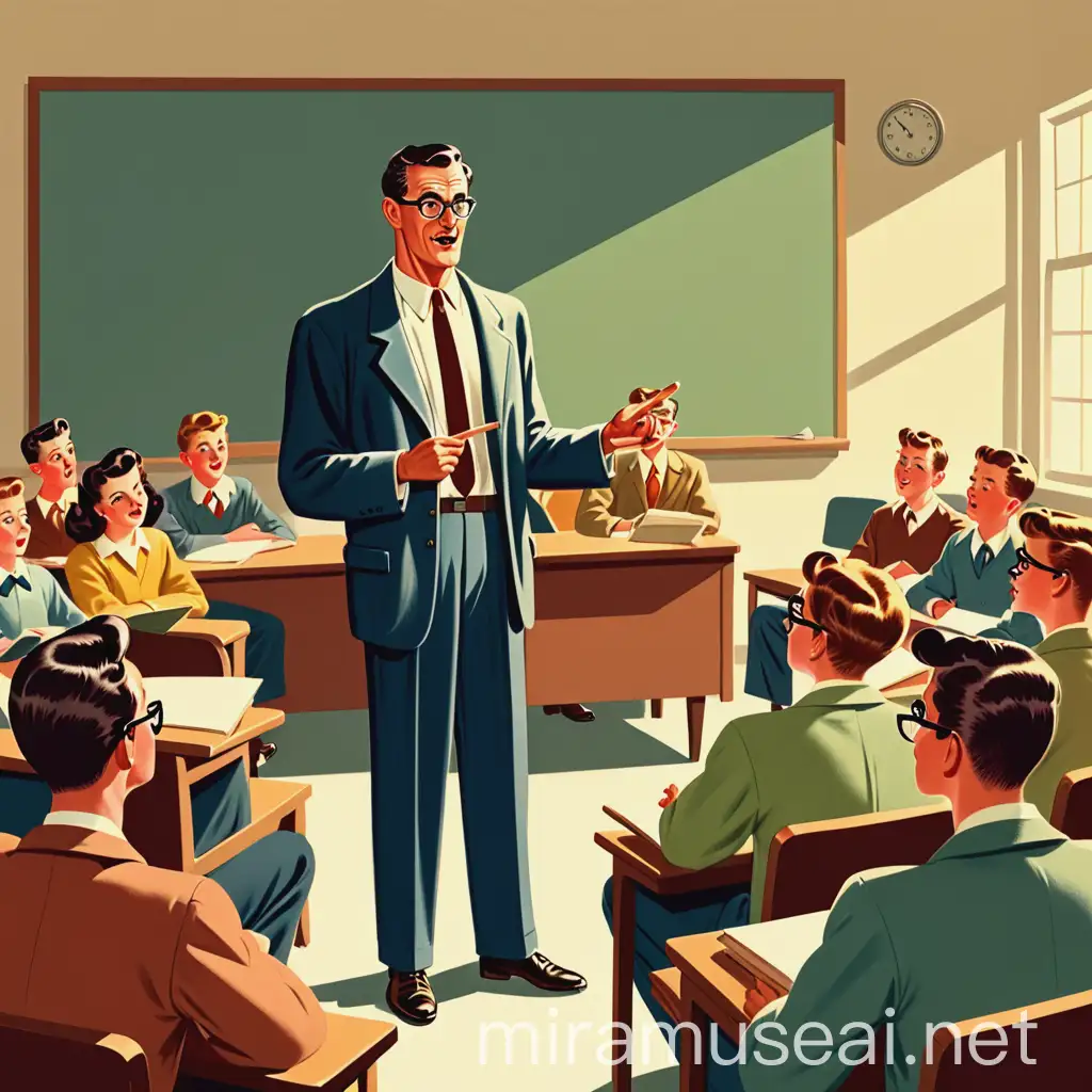 male teacher giving a lecture to college students and adults. no children or teenagers, 50's editorial color illustration.