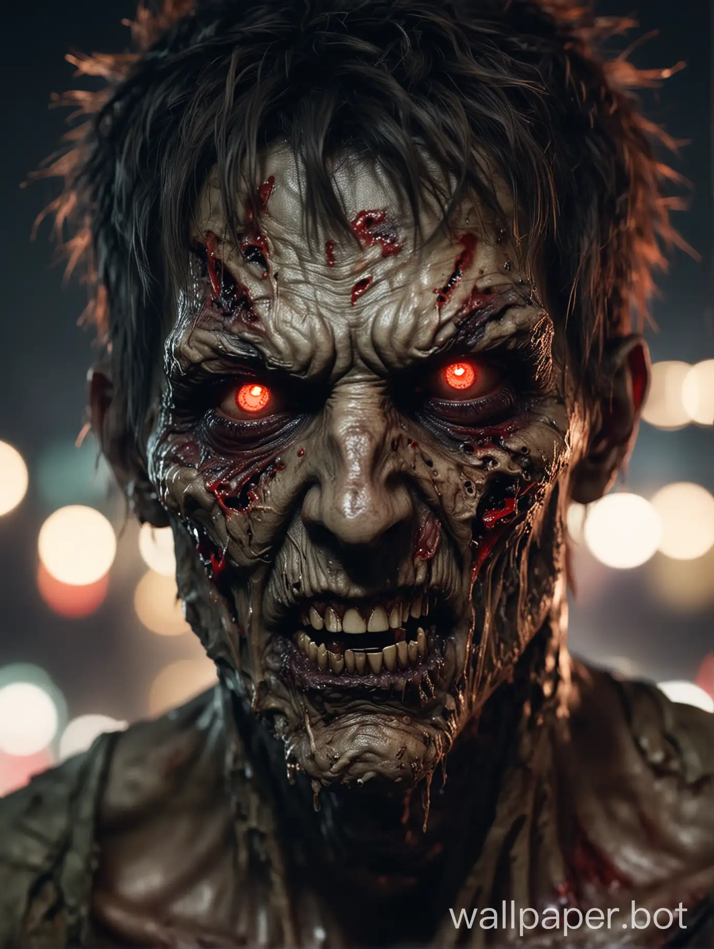 Close-up of a creepy zombie face, Torn cheek sharp teeth, game character with glowy red eyes, against a blurred night cityscape background.