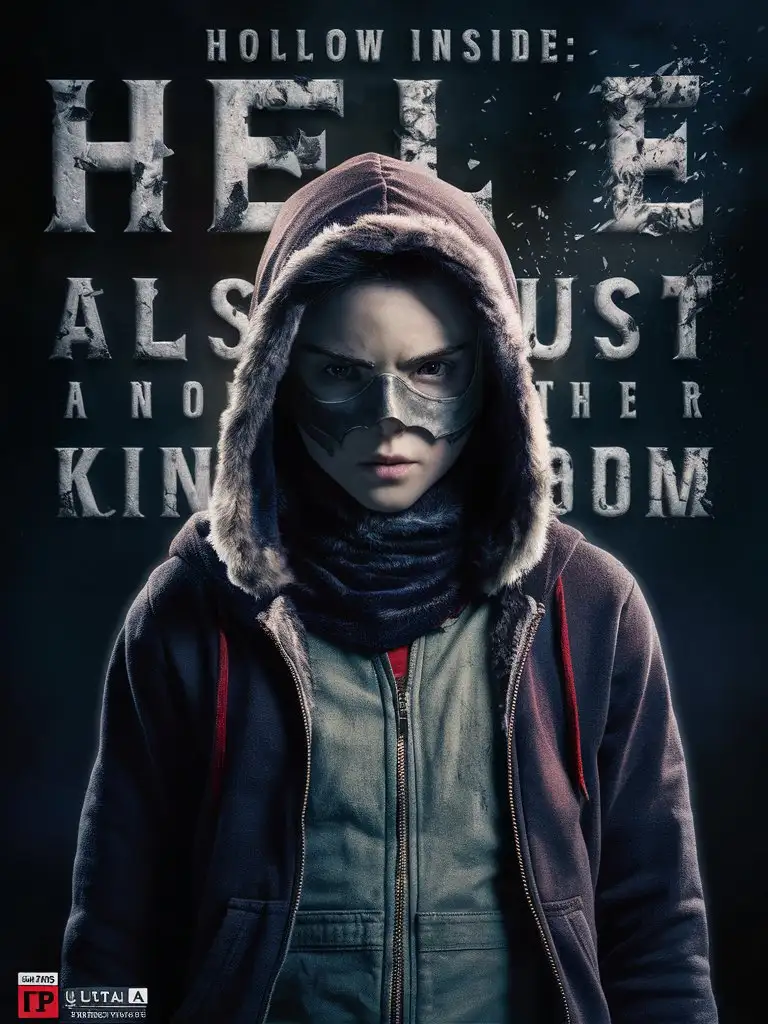 eleven, fur-lined hoodie, stranger things, full body, ultra HD detailed, professional photography, assassin-snood-mouth-mask, horror. The following describes the title with ash flaking around it  Large hollow letters:Hollow Inside:  Large hollow letters:Hell  Slightly smaller: is also just another  Large letters Hollow inside:Kingdom below smaller: By Byakuran
