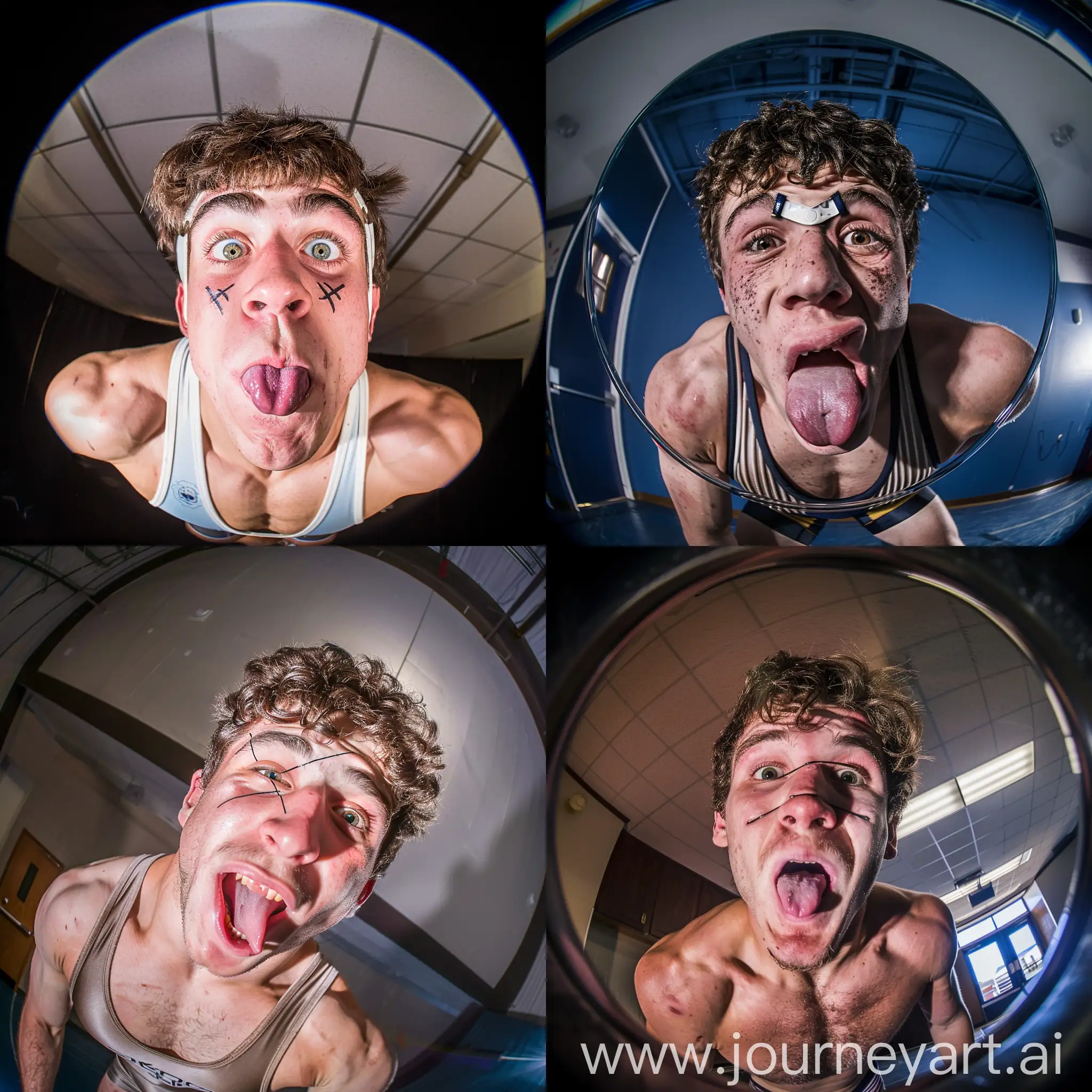 hd fisheye photograph selfie of a college 18 year old male wrestler athlete, making a silly face, crossing his eyes and sticking out his tongue