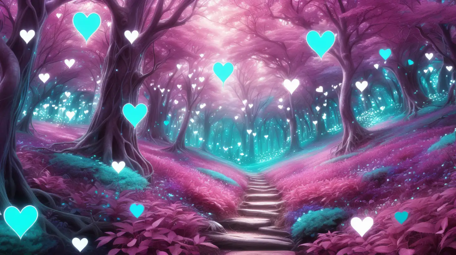 a pink, purple, and turquoise magical forest with glowing-white hearts