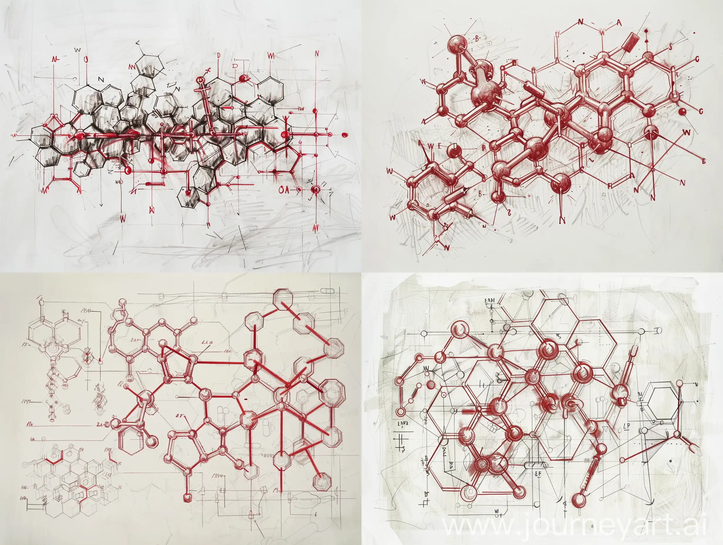 labeled diagrams of chemical structures for anti-aging medicine, pencil sketch, white background, red ink.
