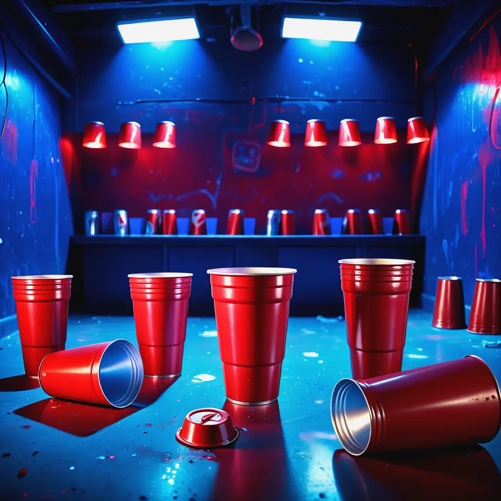 empty blue nightclub background with bright lights, old red solo cups, old cans