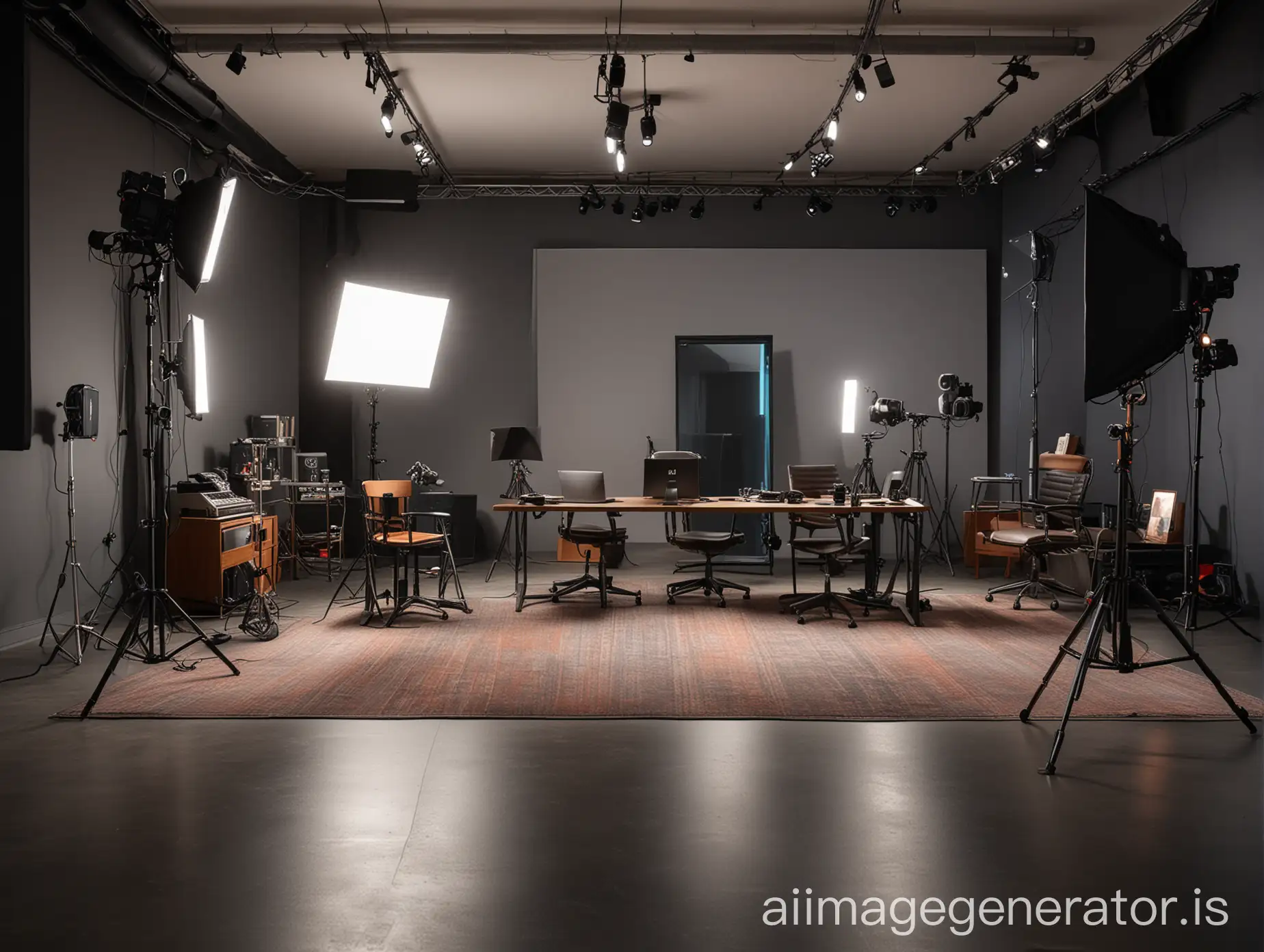 A wide-angle shot of an empty professional studio prepared with professional cameras and studio equipment for a webinar in a modern office setting, with sleek furniture, high-tech equipment, and a backdrop with branding, the scene exuding a sense of anticipation and readiness, illuminated by soft studio lighting, shot with a Sony A7R IV, 28mm lens, vibrant colors