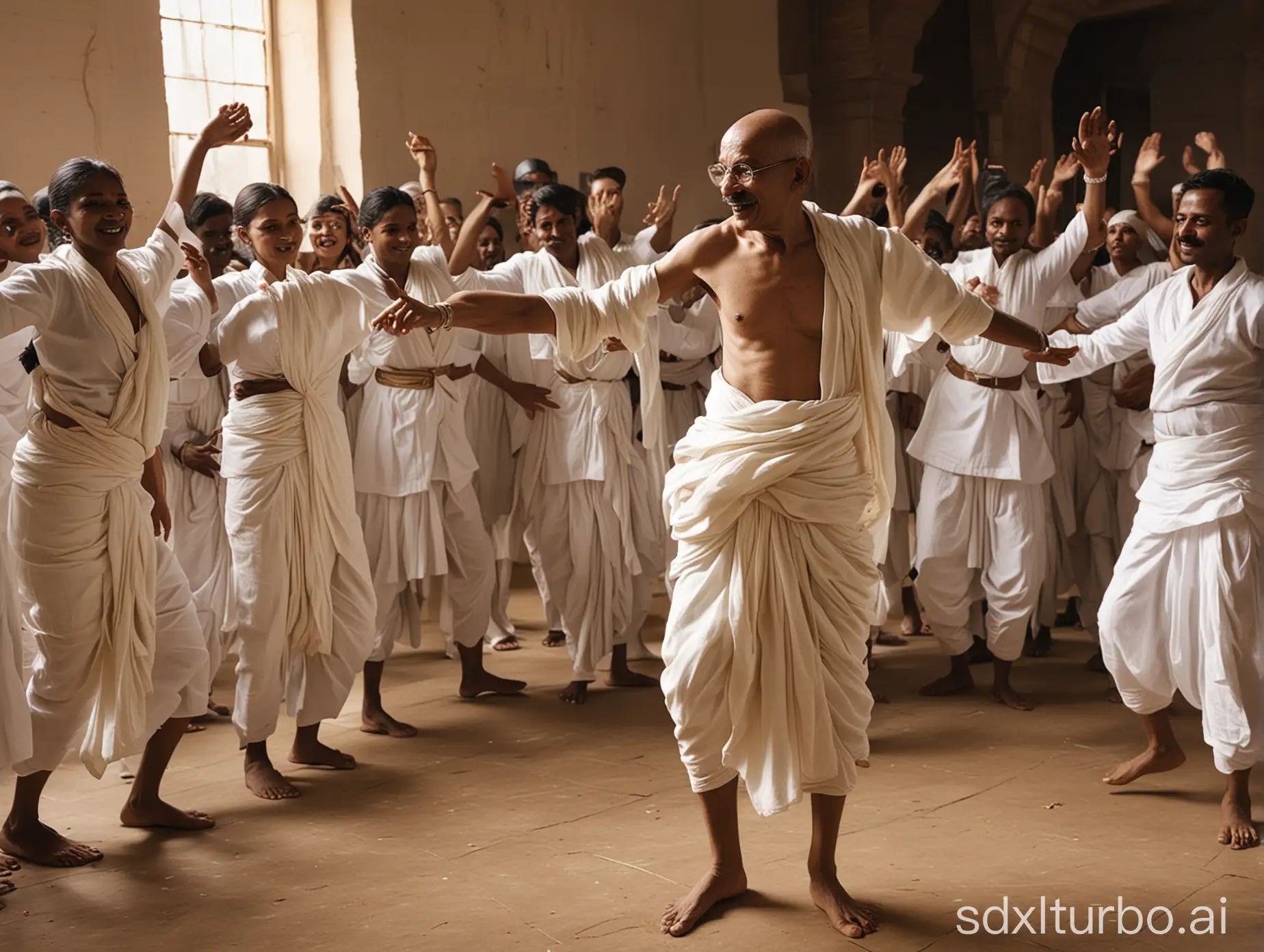 generate mahatma Gandhi while dancing with foreigners  \n