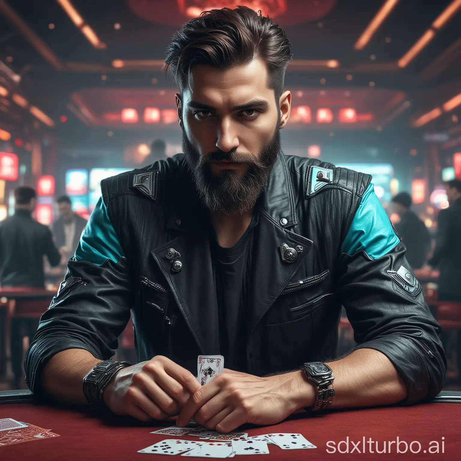 a man holding a deck of cards in front of a casino table, digital art, by Adam Marczyński, shutterstock, digital art, portrait of a cyberpunk man, very attractive man with beard, red and cyan theme, game promotional poster, cinematic outfit photo, portrait of ernest khalimov, 2022 photo, fantasy art behance