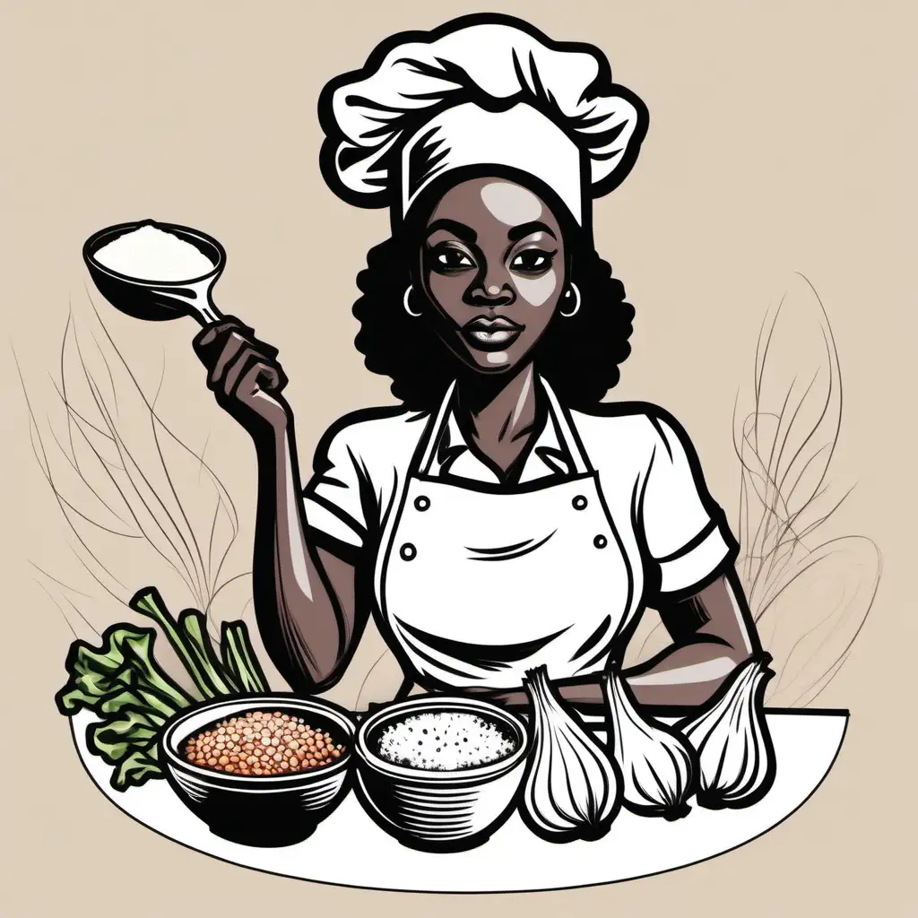sketch outline drawing in the style of an icon. drawing of black woman with chef hat holding onion , garlic and other seasoning powder for a logo 
