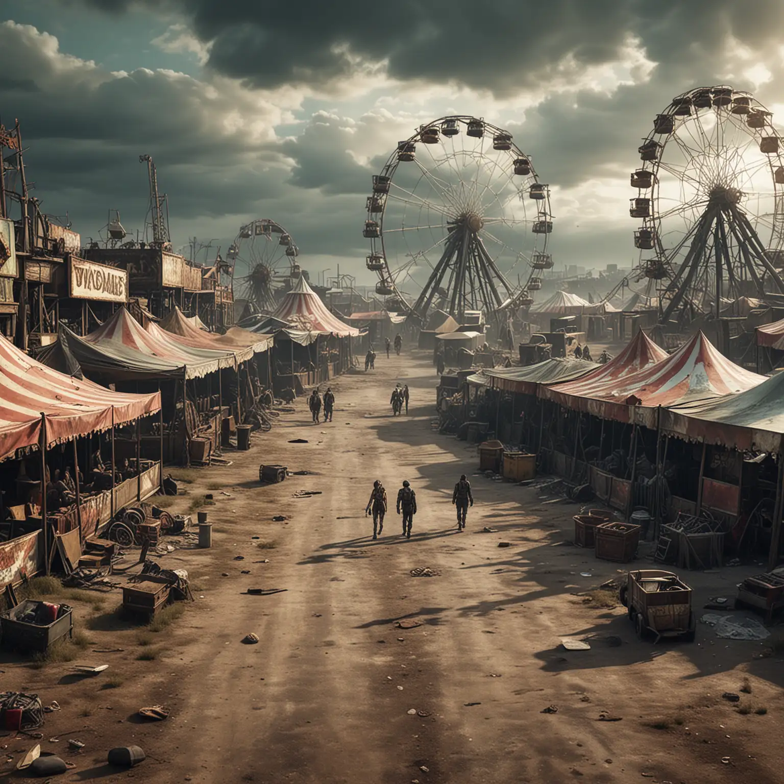 post apocalyptic wasteland with fairground and zombies walking around