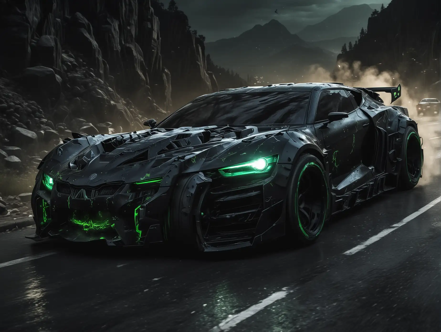 Create  futuristic cars from  dark Spiderman and hulk evil tuning drifting  at night on Downhill rear view from far away  car color black