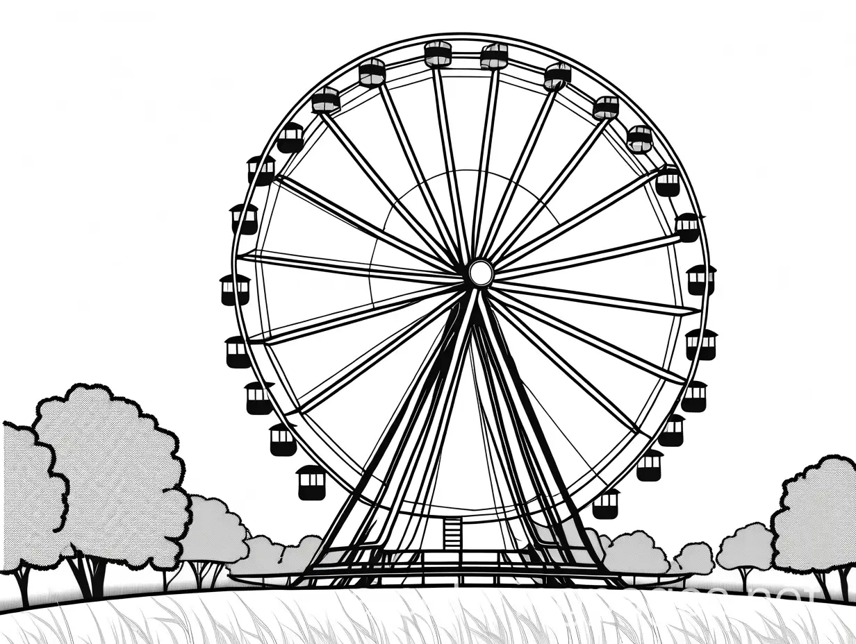 Skywheel With grass at the bottom, Coloring Page, black and white, line art, white background, Simplicity, Ample White Space. The background of the coloring page is plain white to make it easy for young children to color within the lines. The outlines of all the subjects are easy to distinguish, making it simple for kids to color without too much difficulty