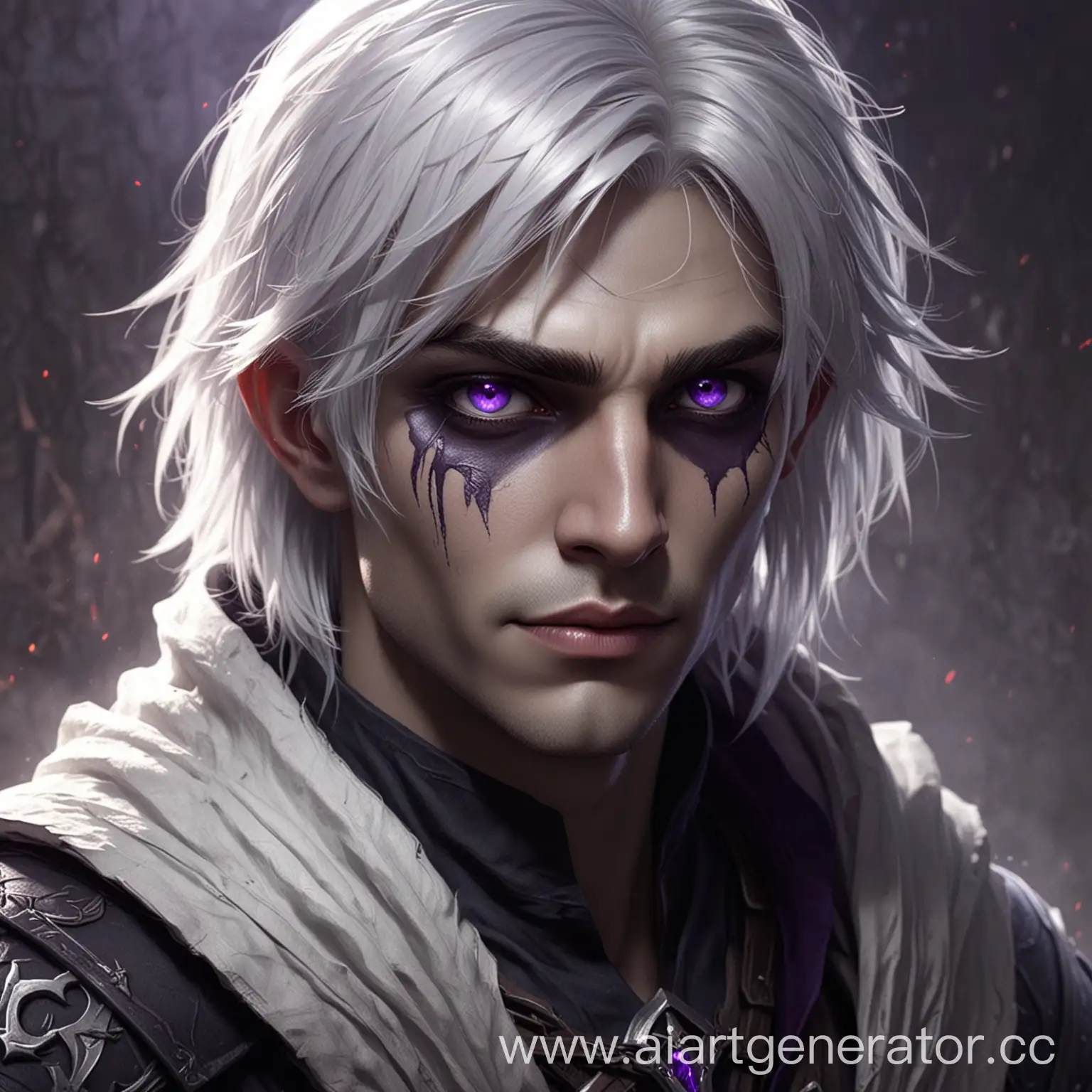 The drow is a young guy, a rogue with purple eyes and short white hair