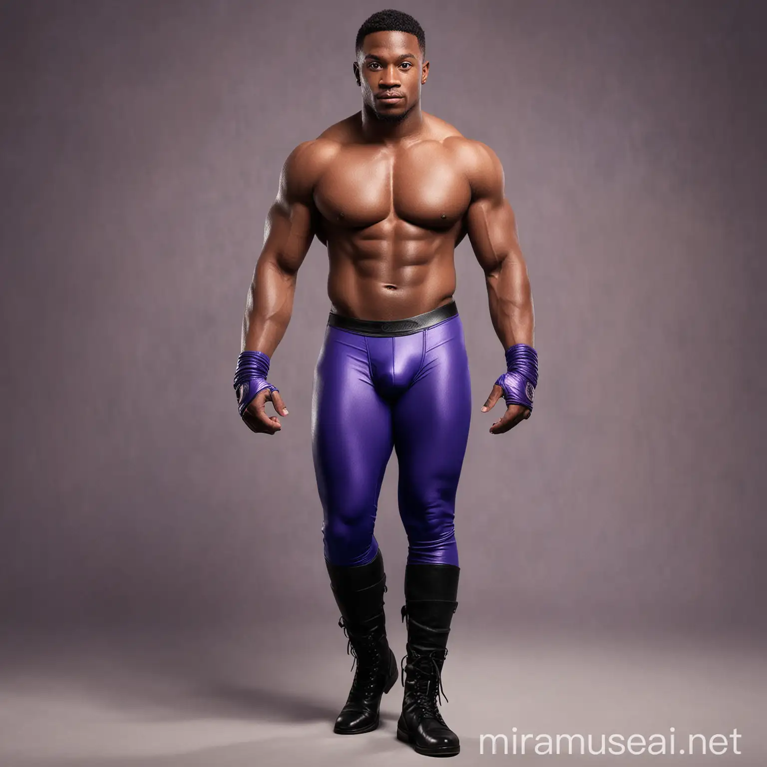 Charming shirtless muscular 30 year old male African American wrestler, with brown eyes, wearing  long cobalt blue (leaning to purple) and black spandex leggings, plus some energy wristbands amd black boots. Rear view.  Pixar style art.