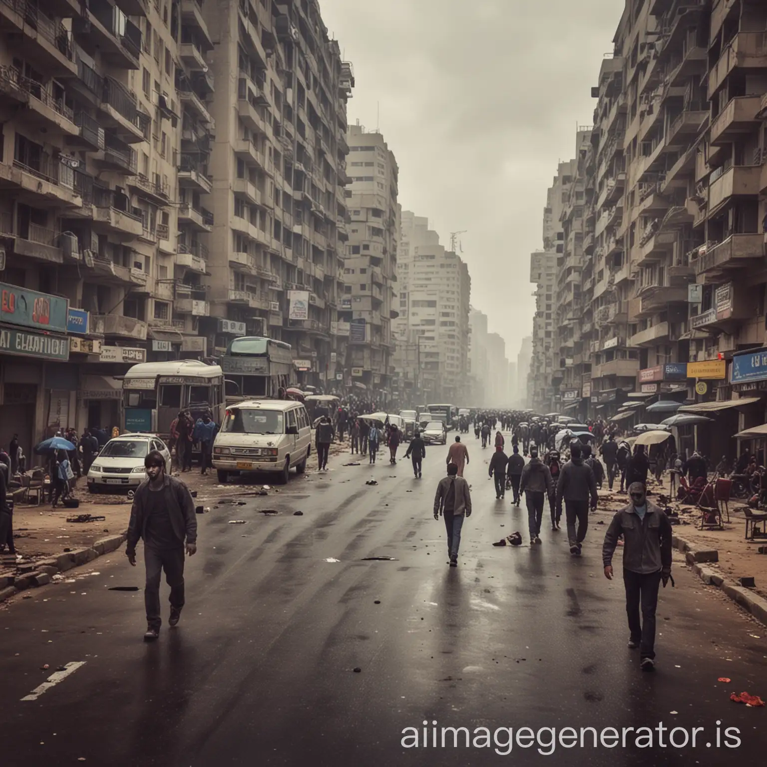 show me a zombie apocalypse in Cairo with grey cloudy weather