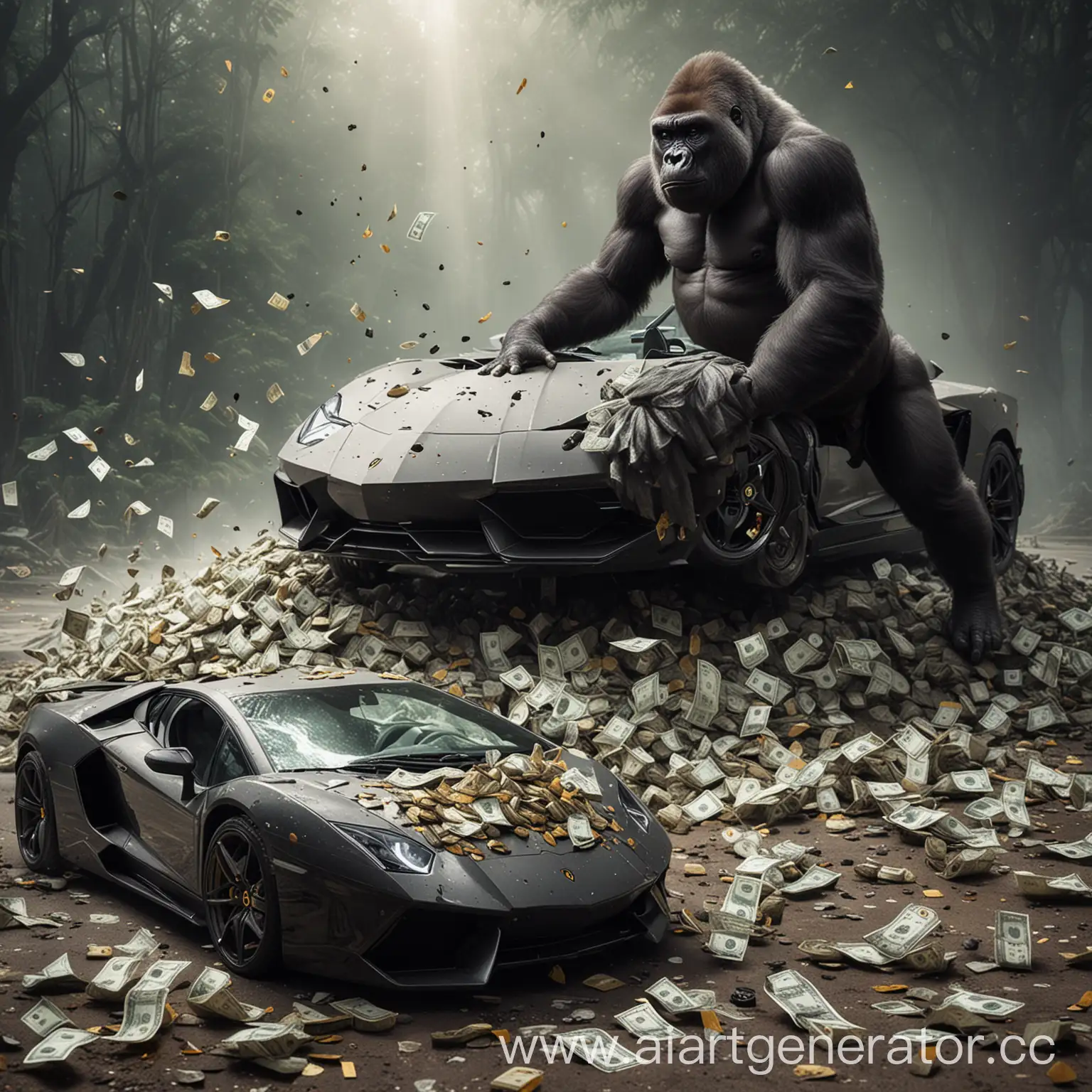 Gorilla-Standing-on-Lamborghini-Beneath-Falling-Money