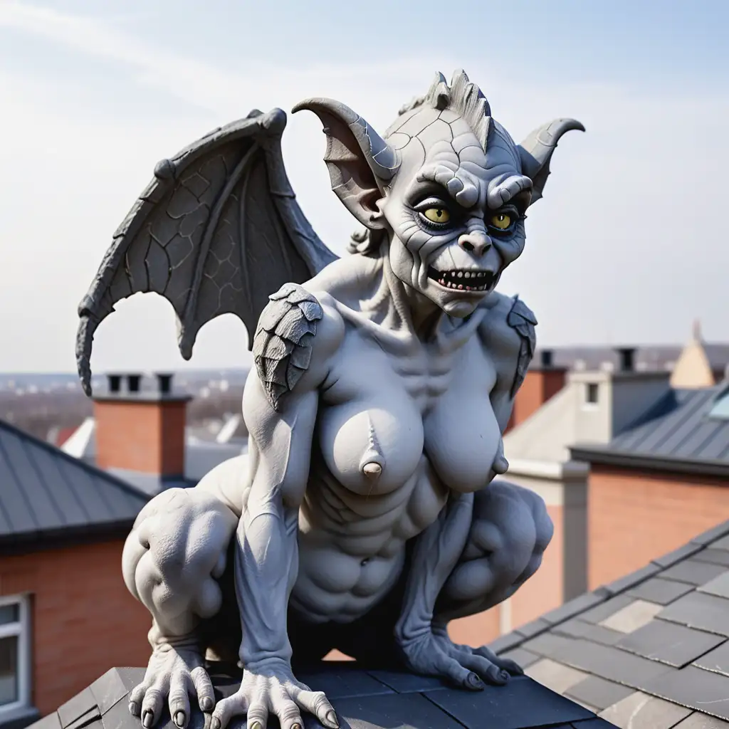 Stone-Skin-Female-Gargoyle-Perched-on-Rooftop