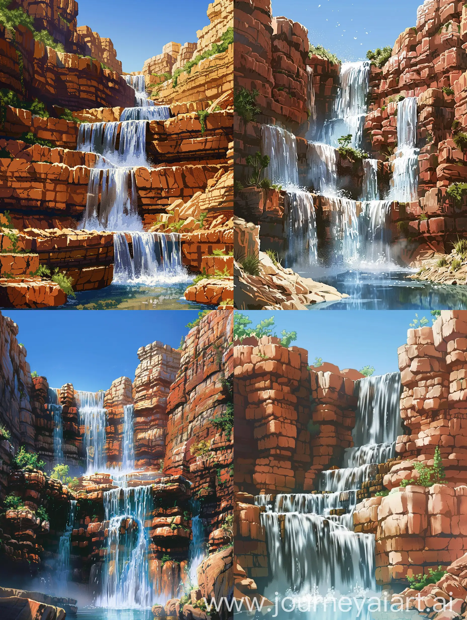 Tranquil-Studio-Ghibli-Style-Waterfall-Landscape-with-Red-Sedimentary-Cliffs
