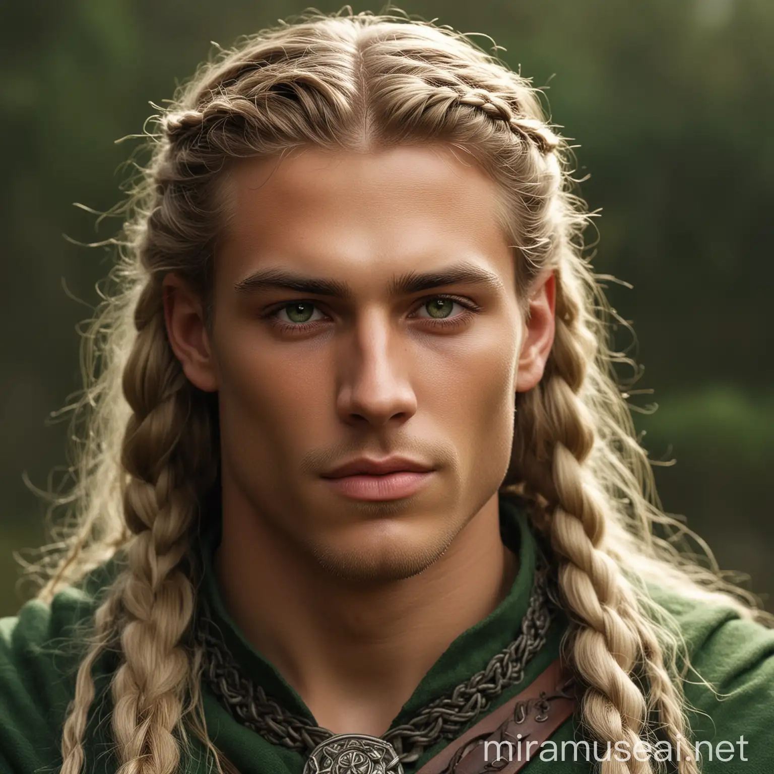 The fae man in the pictures. he is almond brown skintoned. has a strong jawline. His lips have a natural shape that complements his overall appearance. As for his eye color, it's a captivating shade of an Smaragd green. His hair is long and has an bleached blonde braided in the viking style..Lastly, his nose is straight, adding to the symmetry of his face. the picture gives you an natural vibe. he got an green medival lord outfit.