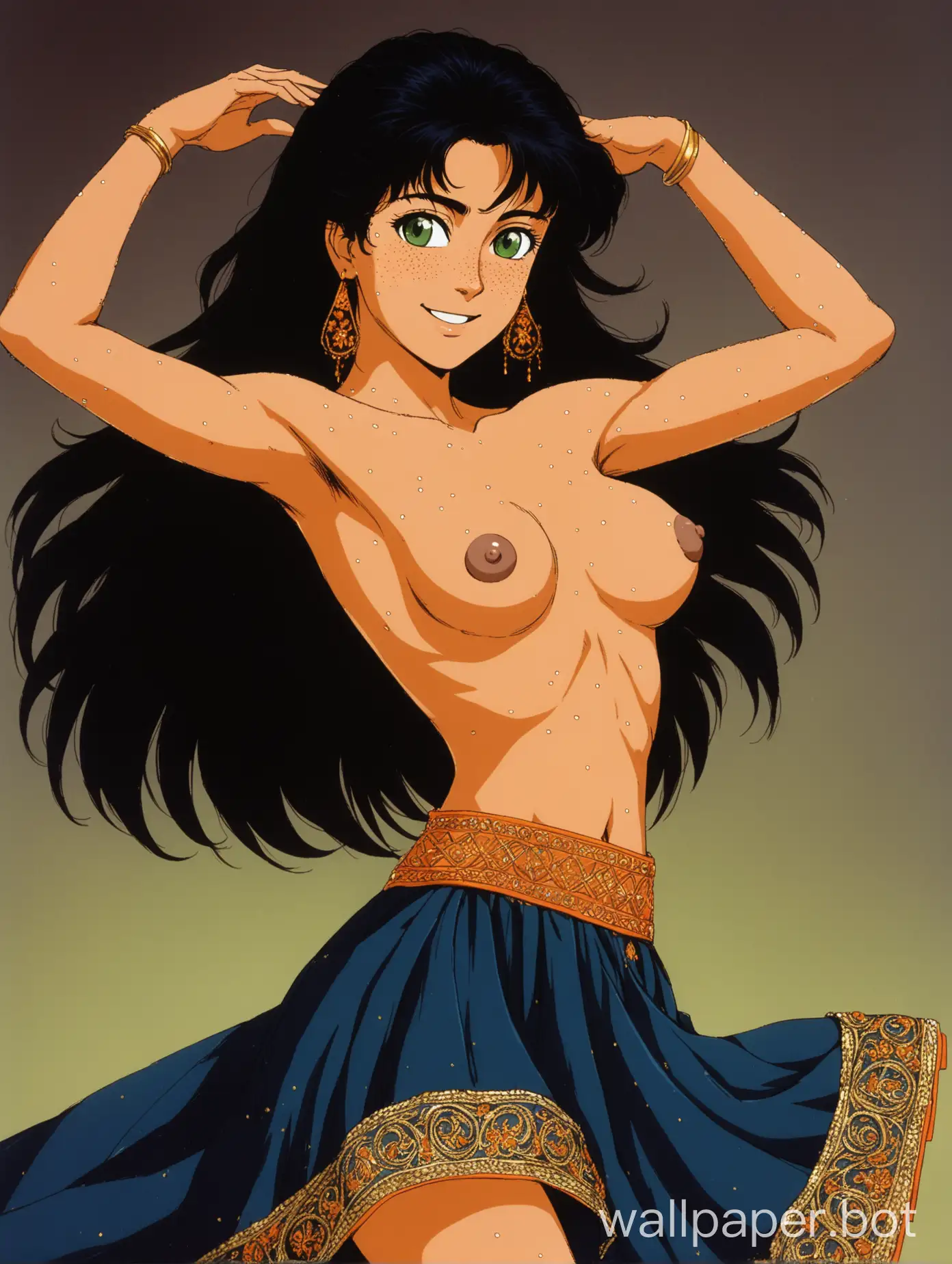portrait of a young Syrian woman dancing topless, exposed breasts, she is pretty, topless, cute breasts, dark brown nipples, freckled chest, smiling, she has green eyes, she has olive skin, she has lots of freckles, midriff, she has long flowing fluffy jet-black hair, elegant, wearing a long orange and dark blue skirt, gold embroidery, midriff, 1980s retro anime