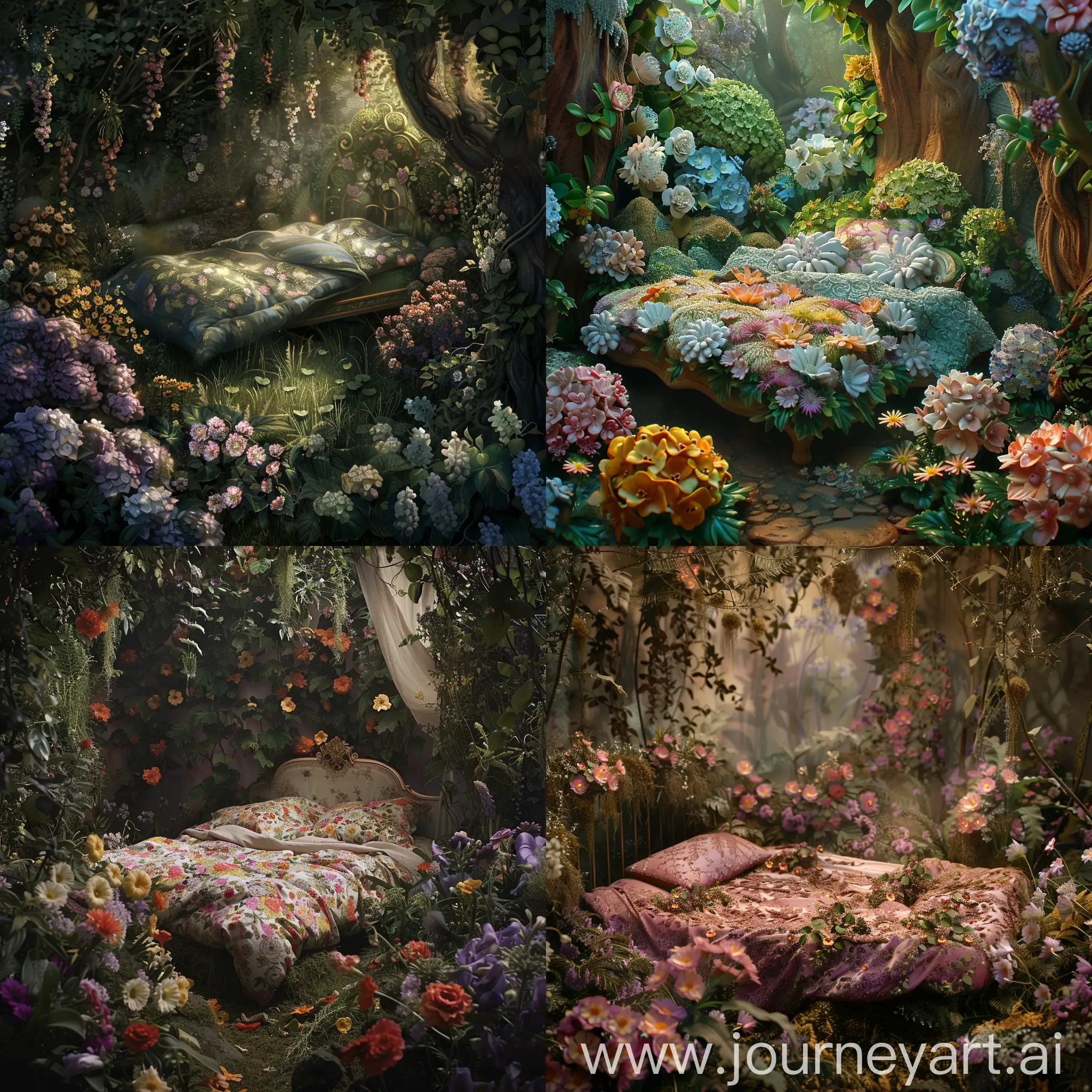 在一个仙境里有一张床周围有几个花丛