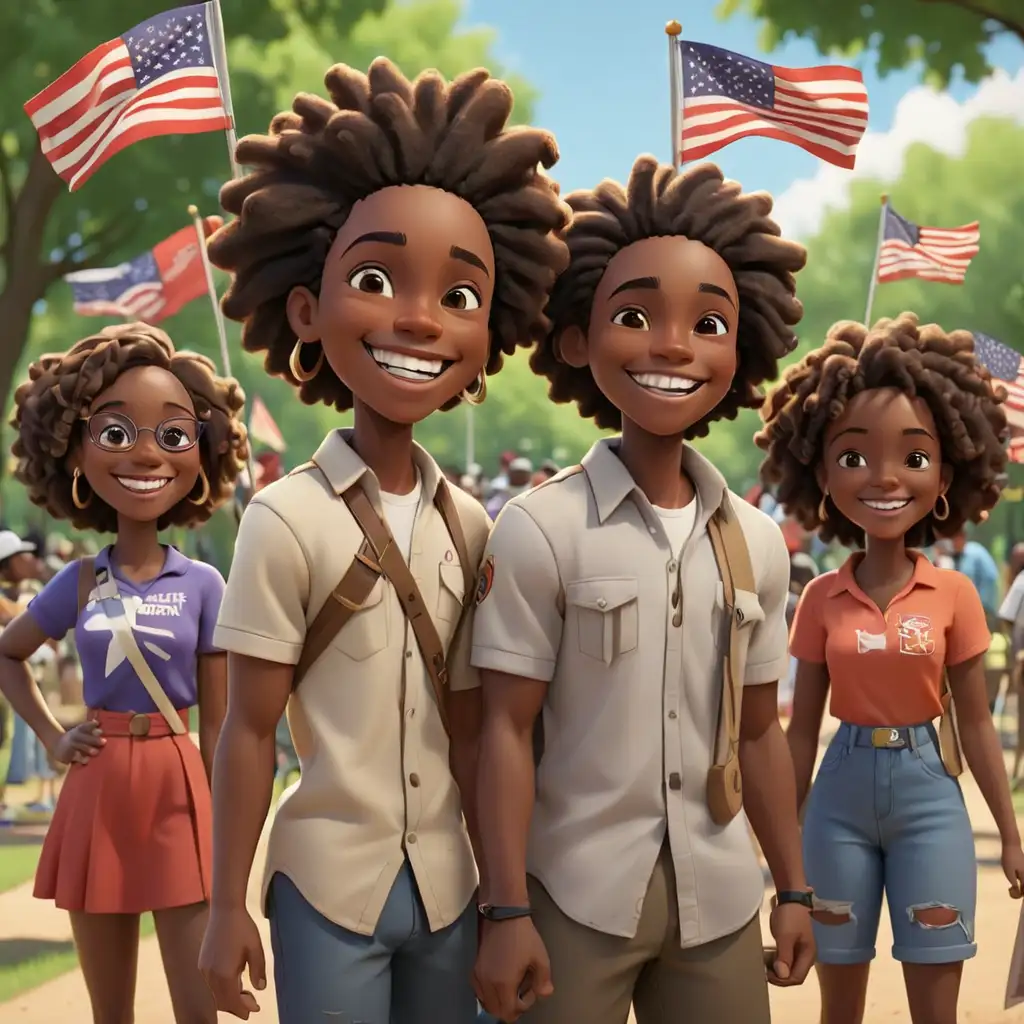 African American Family Celebrating Juneteenth with Smiles and Flags in Park