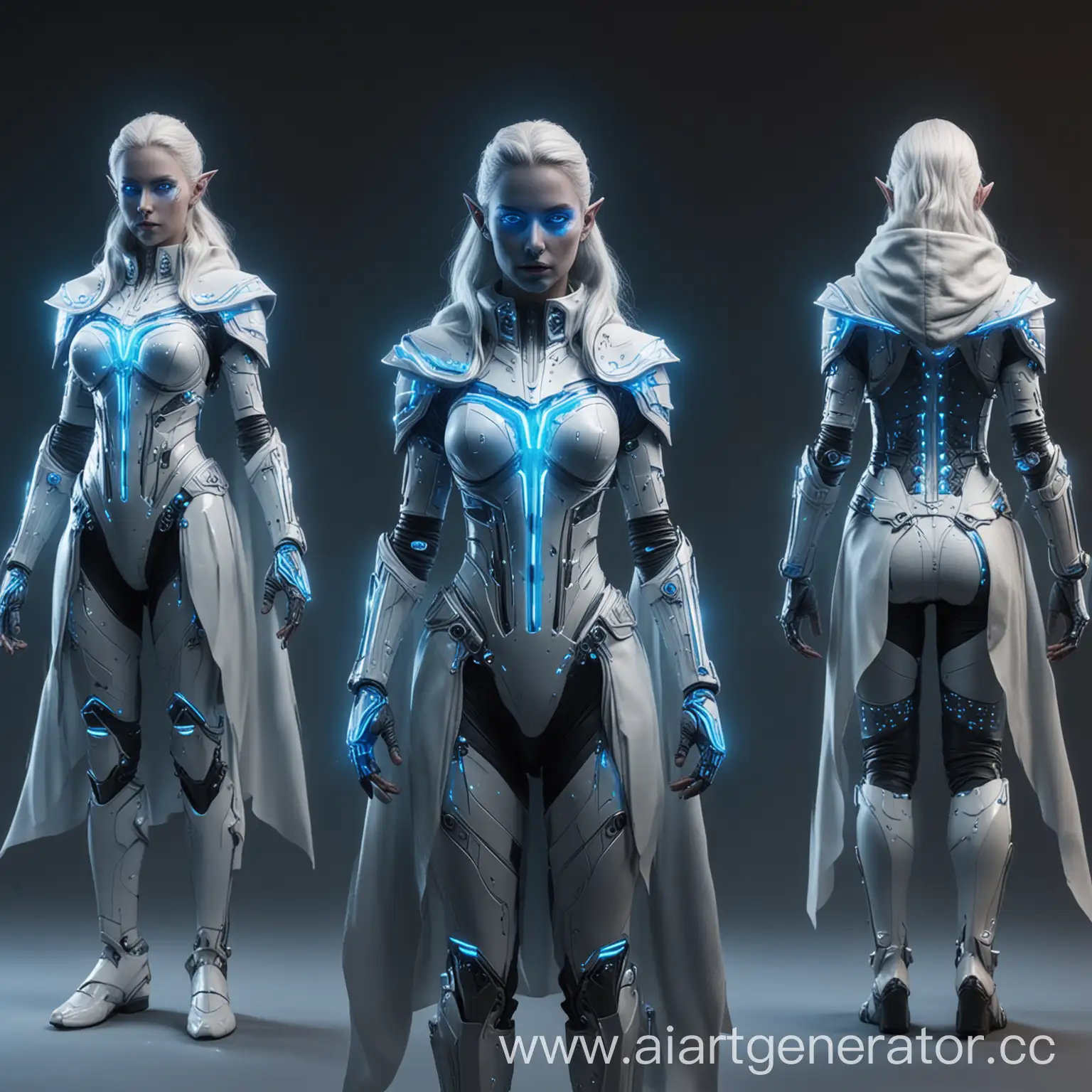futuristic soldier elf in a white and electric blue glowing neon heavily armoured suit with a full face helmet wearing a long cloak front, side and back views