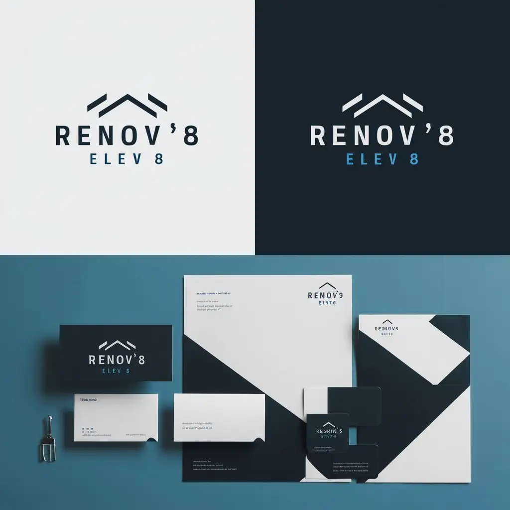 a logo design,with the text "RENOV’8'' & ELEV’8” Home Renovations", main symbol:need a minimalistic and modern wordmark logo design. this logo should include text with the home or roof. preferred colors blue and black. must be a logo on the stationery design mockup,Moderate,clear background