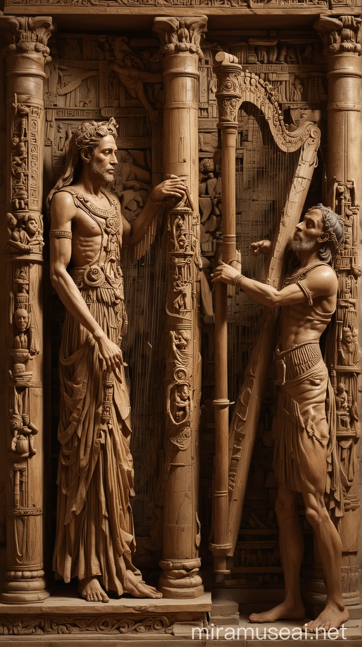 Jubal as an ancestor of musicians, playing a harp while another figure beside him plays an ancient organ. The scene should depict an early human gathering, with a focus on music and instruments."In ancient world 