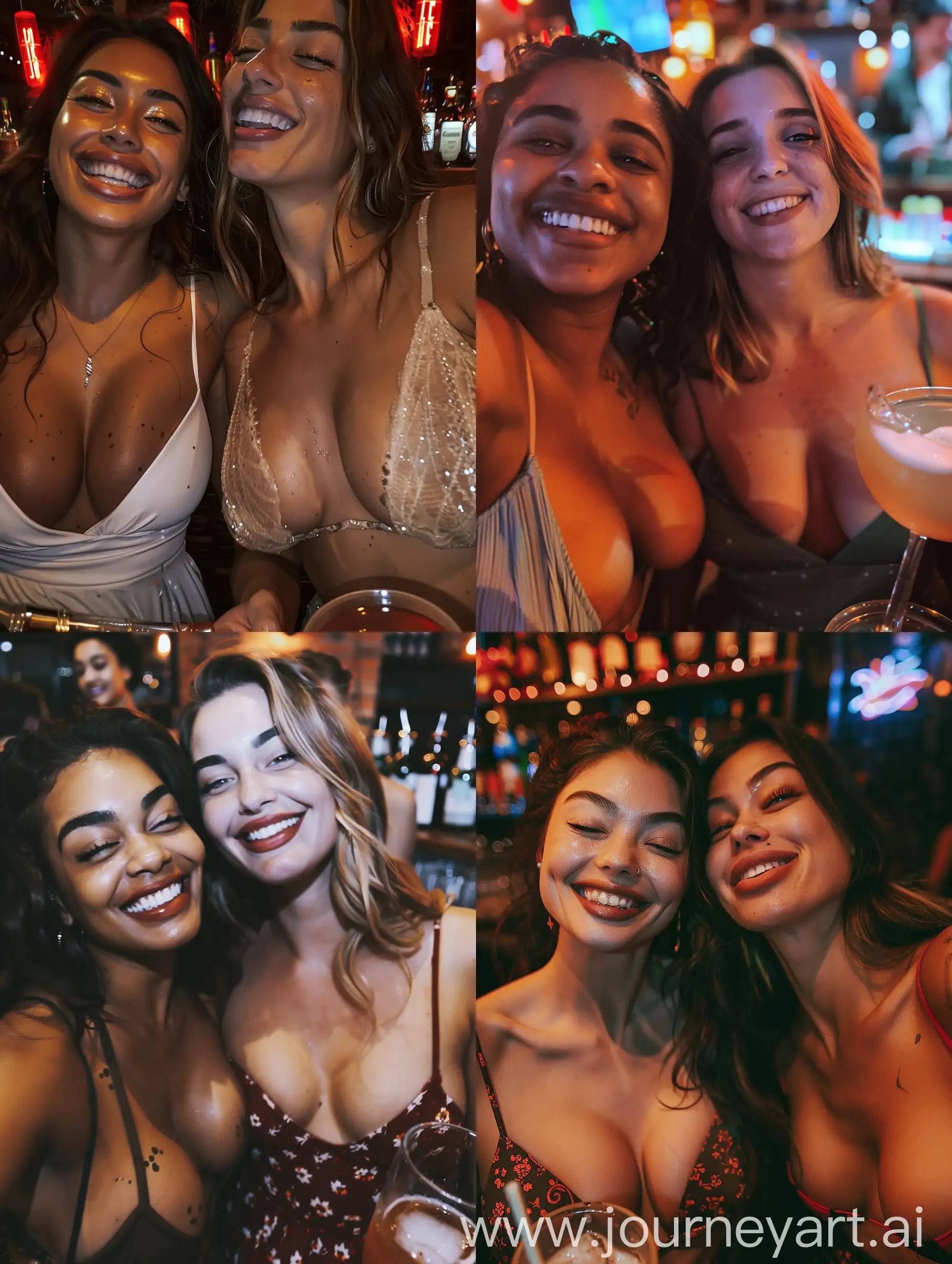 Aesthetic Instagram selfie of two women having a drink at a bar, dresses, having fun, laughing, close up selfie, party atmosphere, at night, realistic lighting, slightly big chest, 1 black, 1 white