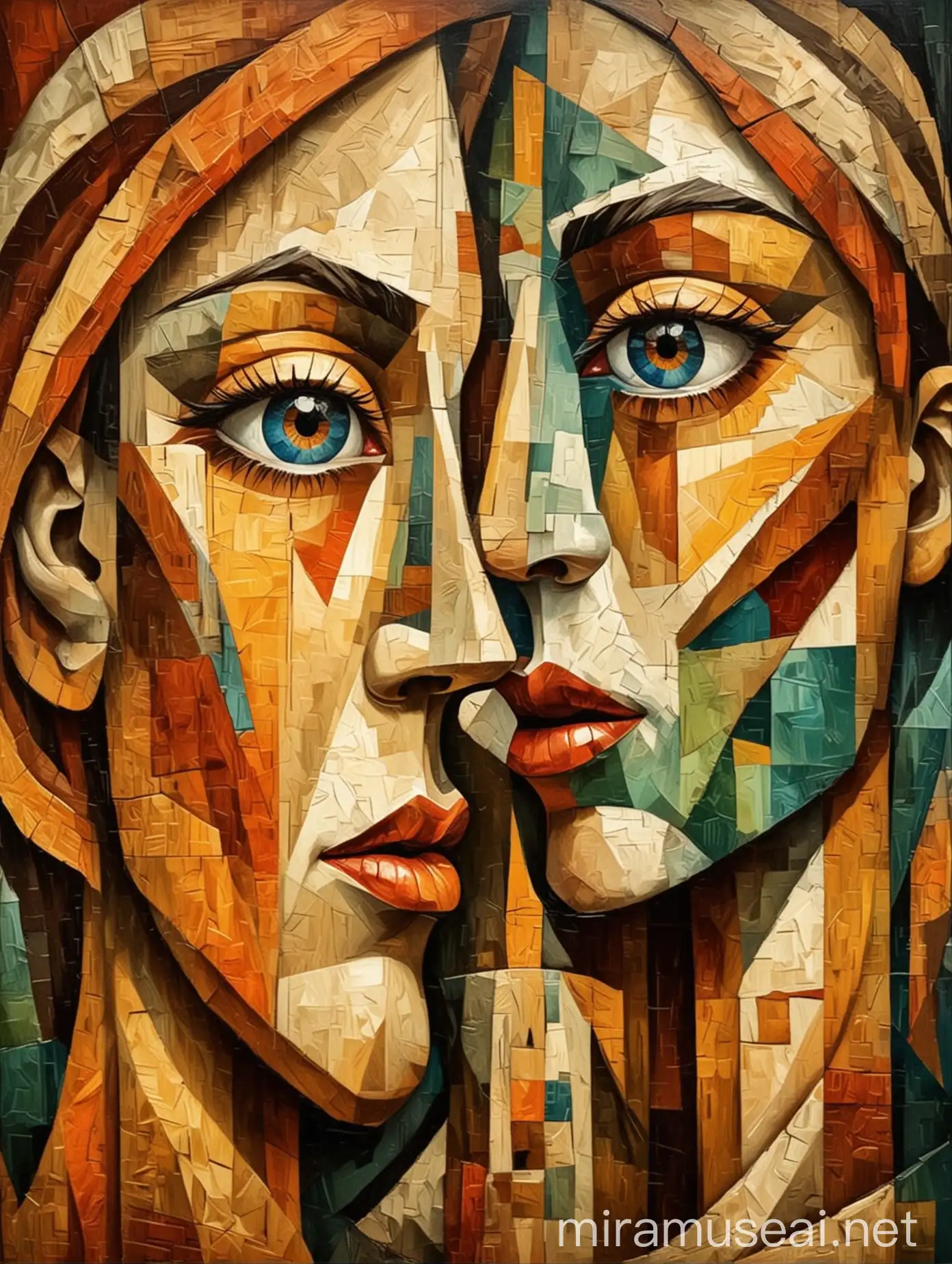 Harmonious Embrace Cubist Portrait with Intertwining Faces