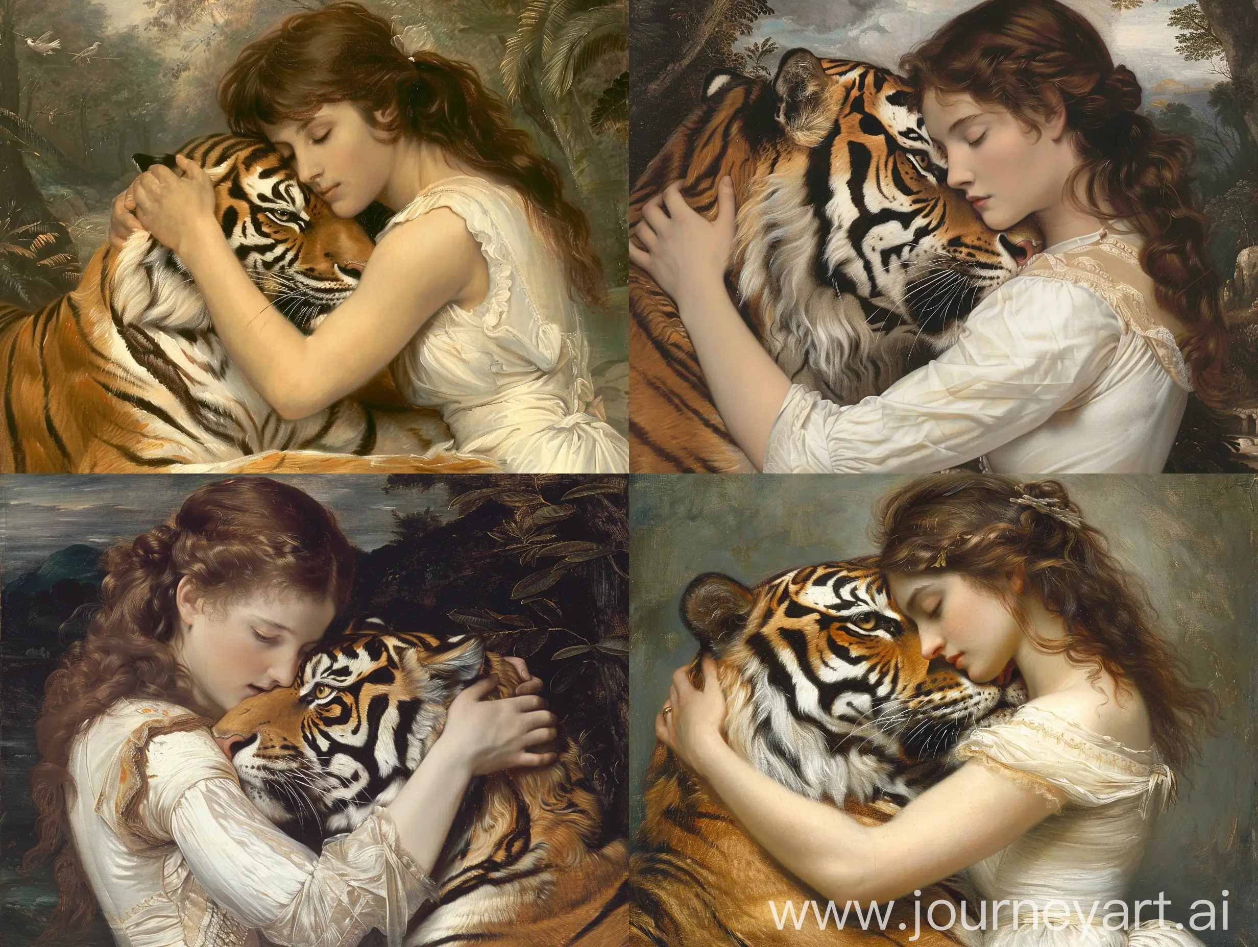 Pre raphaelist painting: Pretty woman, brown hair, wearing a white dress, hugging a tiger 