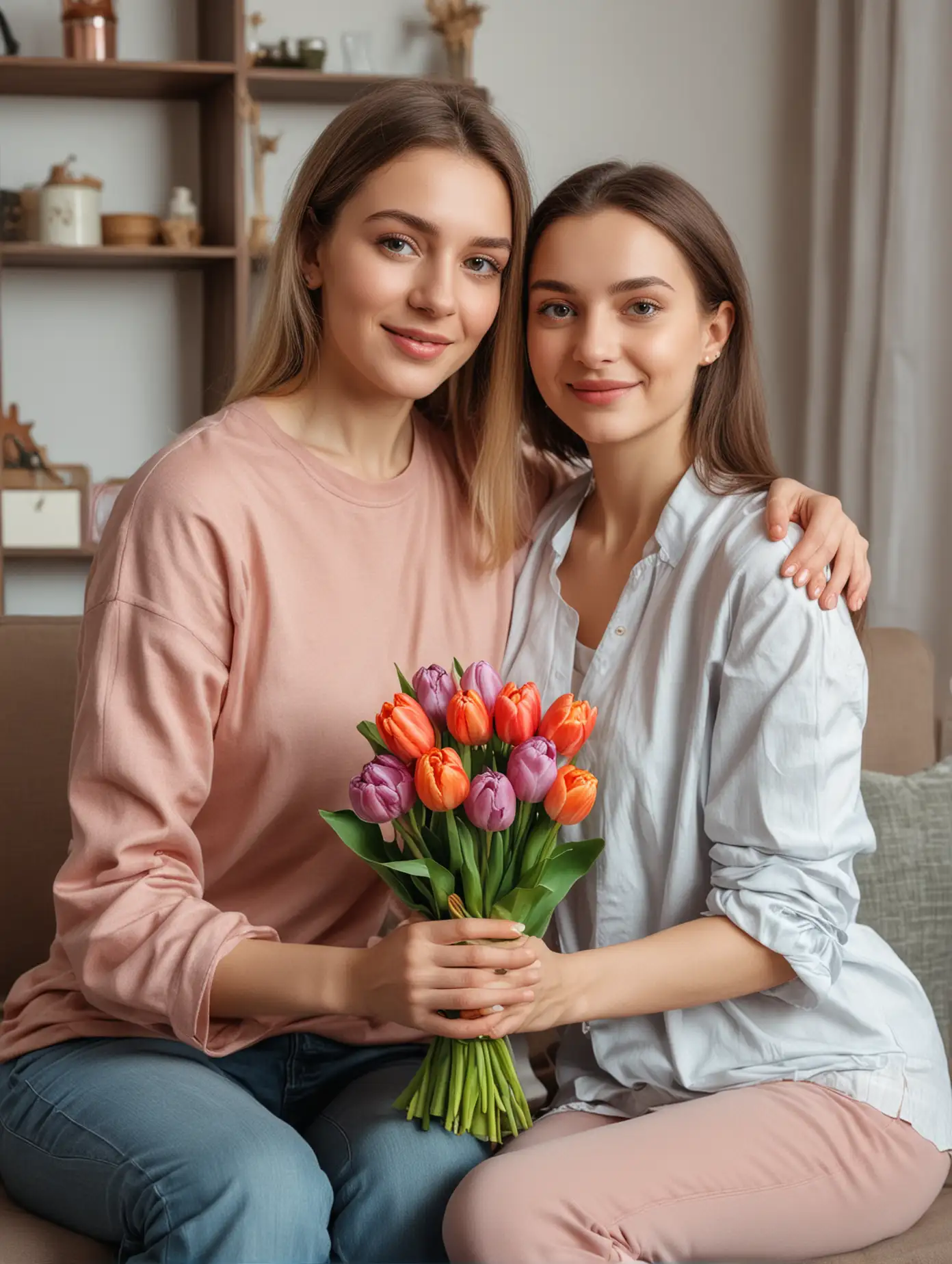 Ukrainian，young sexy girl with her mother sitting on the sofa at home and holding a flowers tulip bouquet for Mother's Day or women's day celebration, giving a gift box to an elderly senior person. Cute girl gives a present in the living room. Looking at the camera, concept of copy space.