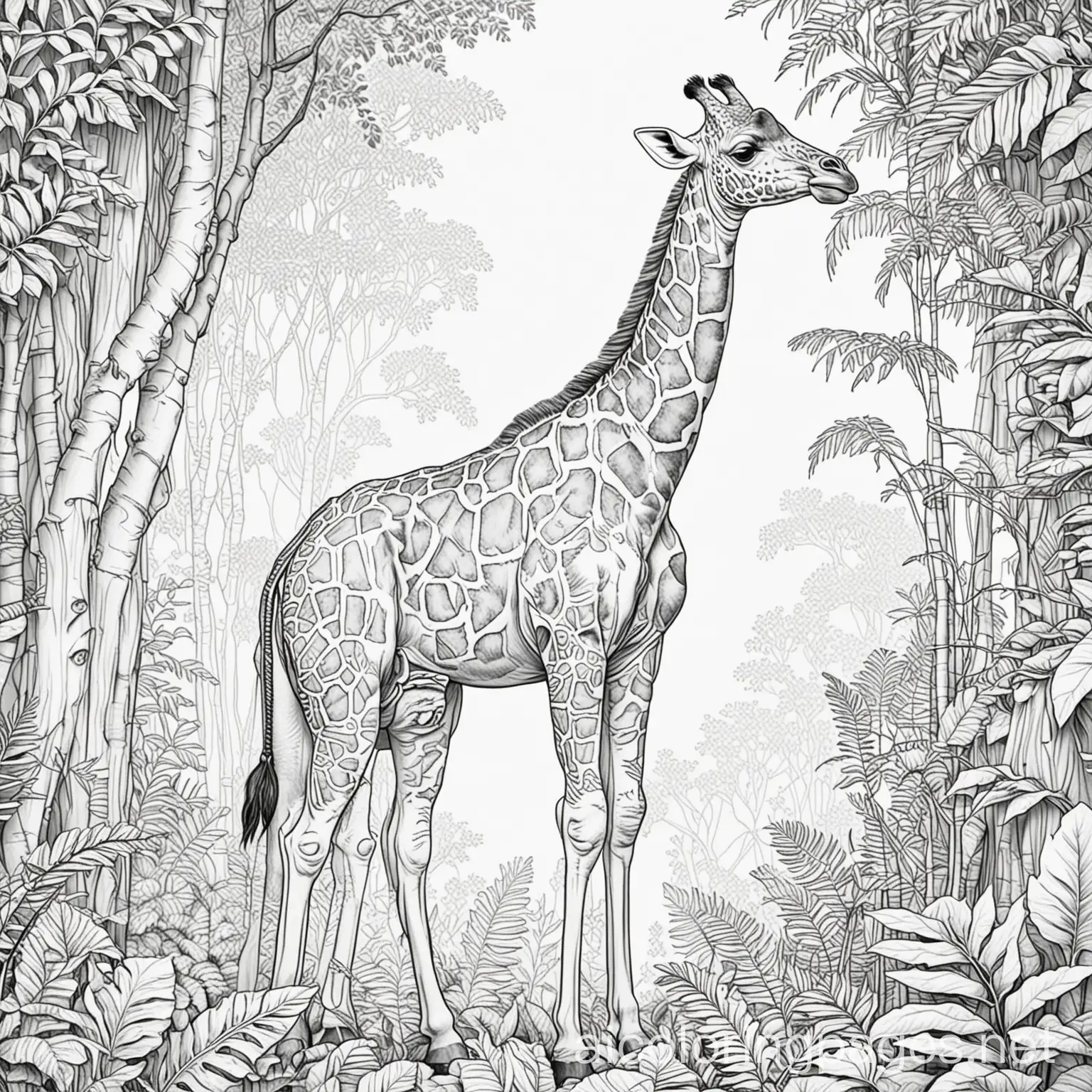 a giraffe in the jungle, Coloring Page, black and white, line art, white background, Simplicity, Ample White Space. The background of the coloring page is plain white to make it easy for young children to color within the lines. The outlines of all the subjects are easy to distinguish, making it simple for kids to color without too much difficulty