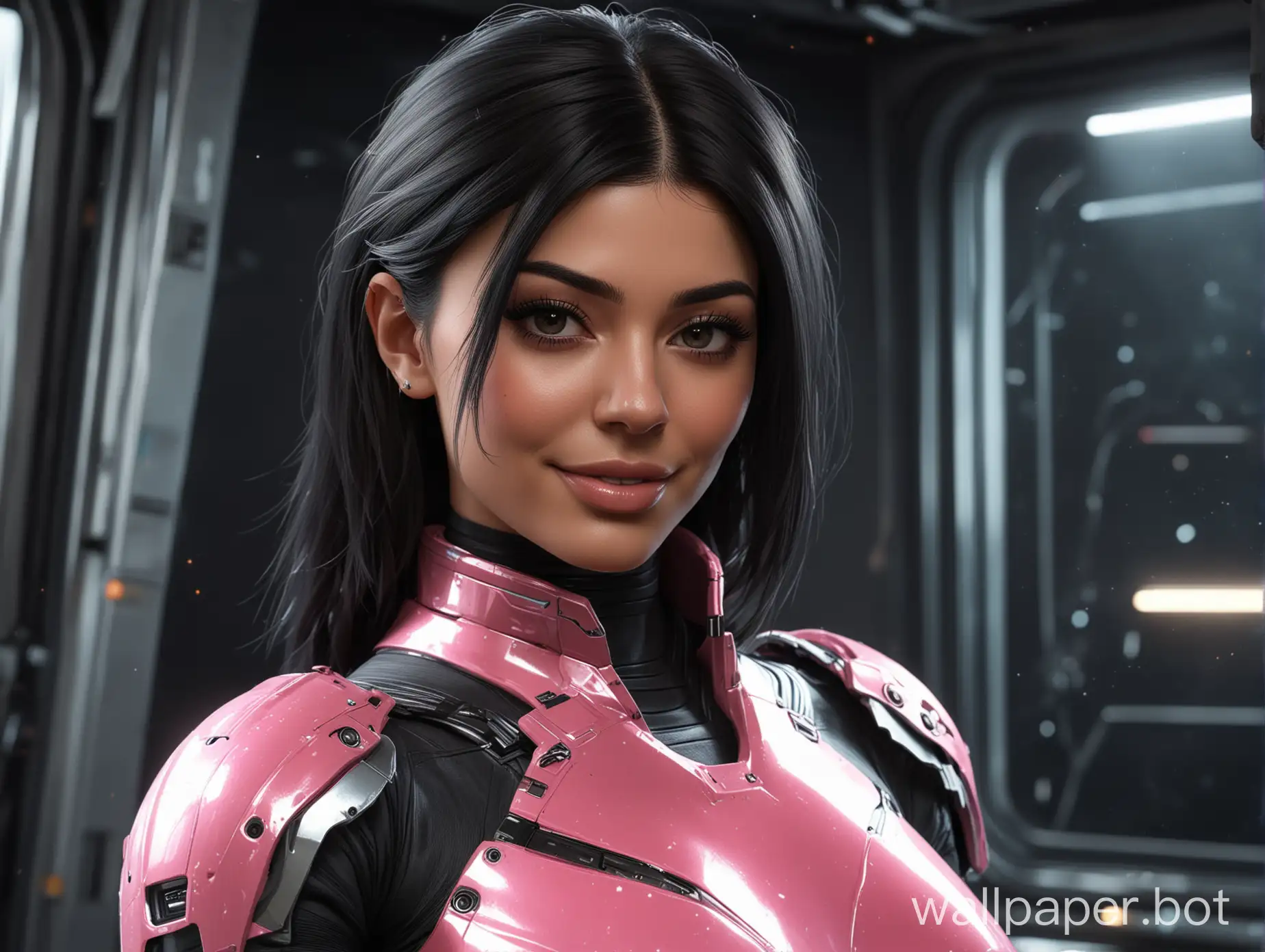 Star Citizen,female with kylie jenner face, selfie, Science-Fiction, close-up headshot, shiny cyber armor undersuit with the 3 colors Pink Black Silver, curvy female bodyshape, stars and planet through a window in the background, black long hair, natural black eyes, futuristic headgear, sexy smiling with showing teeth, over-the-shoulder shot