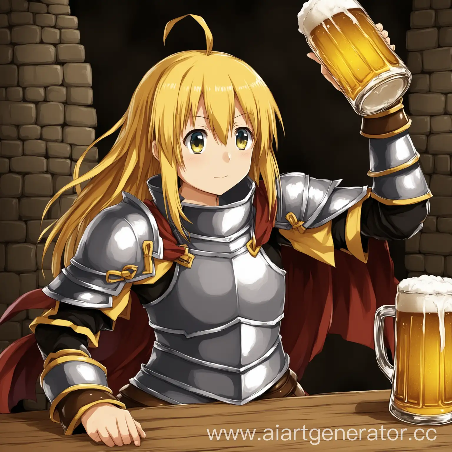 darkness witg yellow hair in kanosuba with beer in armour
