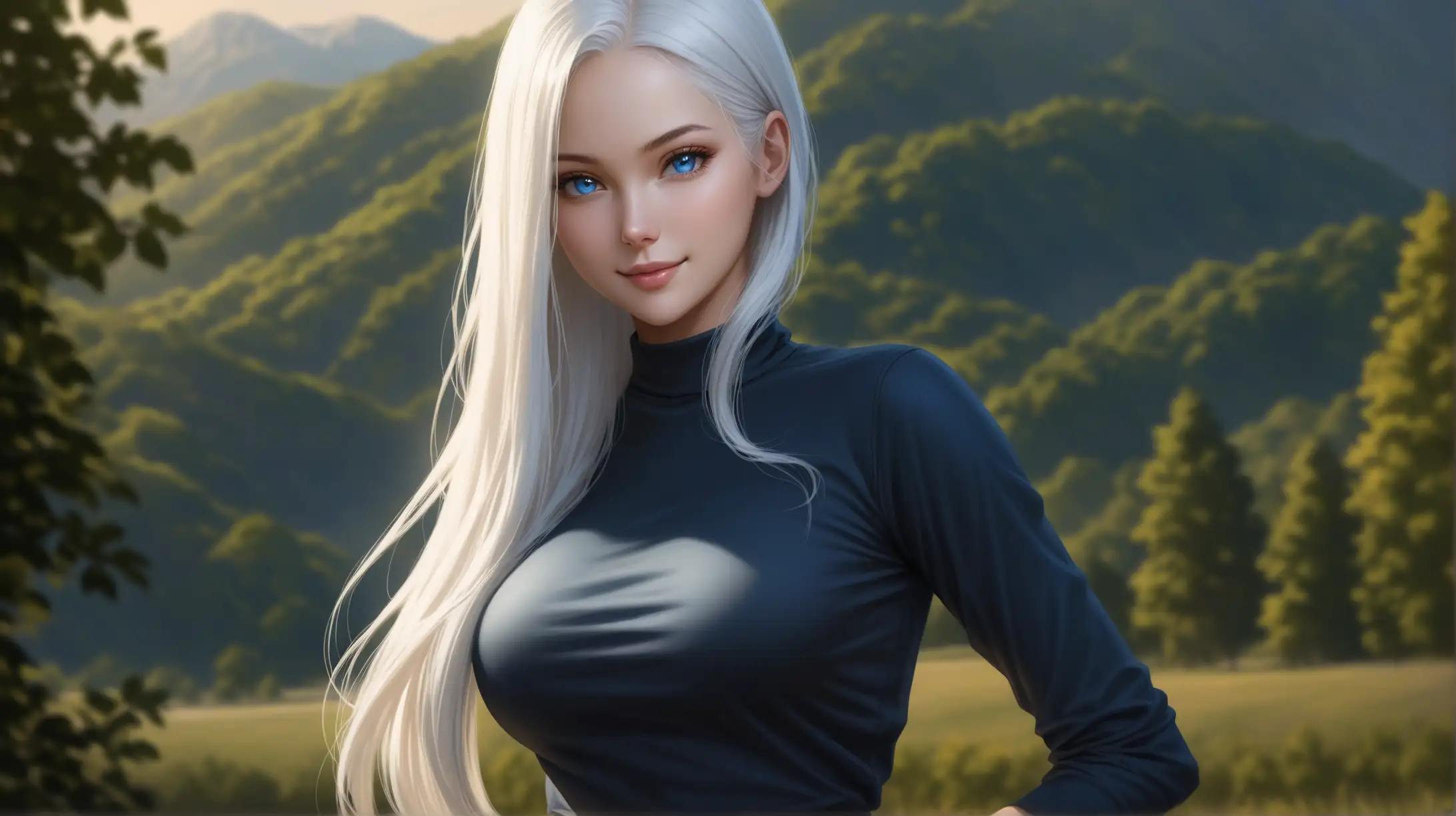 Draw a woman, very long white hair in a low ponytail, long front locks, blue eyes, slender figure with a large bust, high quality, realistic, accurate, detailed, long shot, dim lighting, outdoors, seductive pose, casual outfit, smiling at the viewer