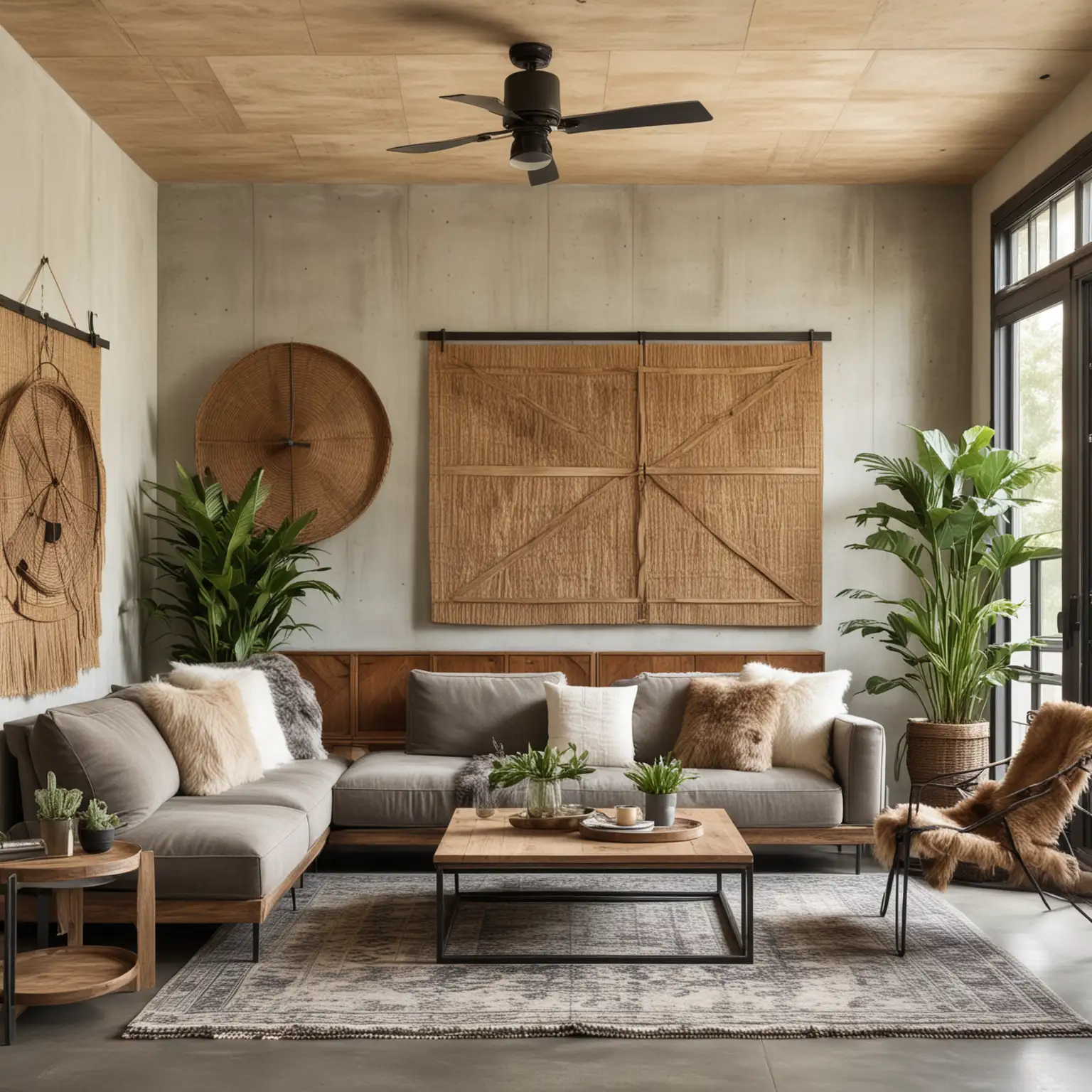 A modern rustic living room with sleek lines and natural materials. The space features a mix of wooden and metal furniture, a concrete floor with a large area rug, and floor-to-ceiling windows with black frames. The room includes a comfortable sectional sofa with faux fur pillows, a wooden coffee table with metal legs, and minimalist decor. A large metal wall art piece in the shape of a barn adds a rustic touch, while potted plants and wicker baskets bring in natural elements. A ceiling fan with wooden blades and a woven wall hanging complete the look.